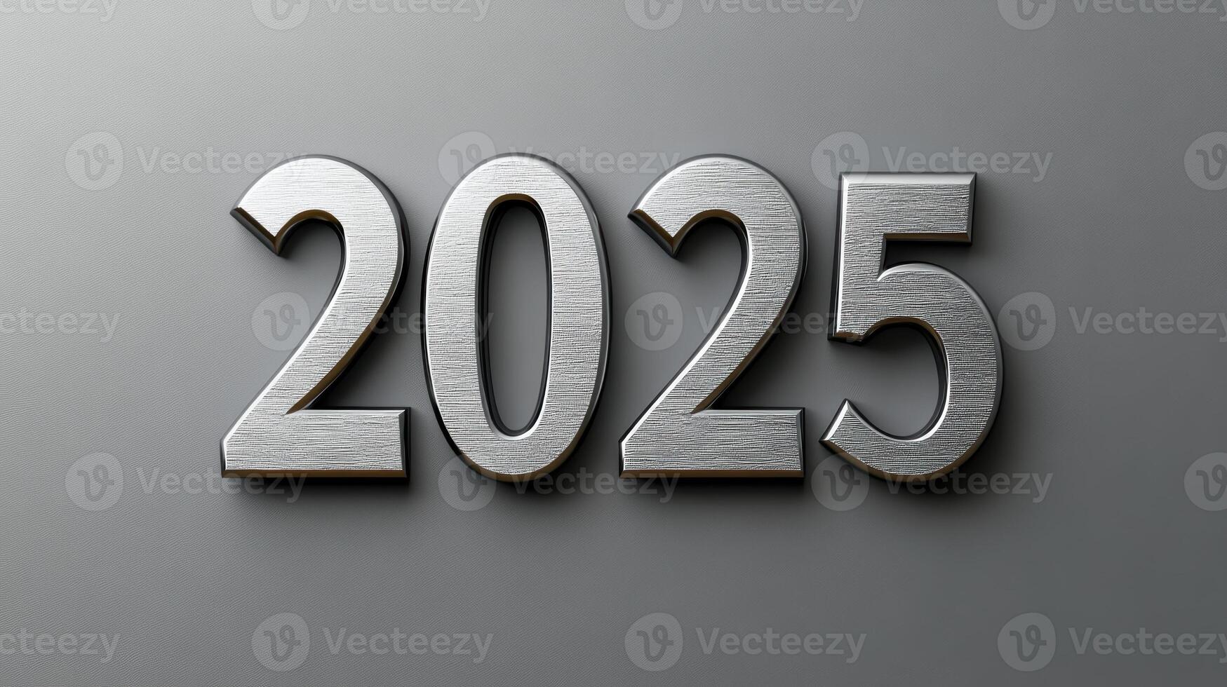Elegant 2025 in silver serif font on a smooth gray background. photo