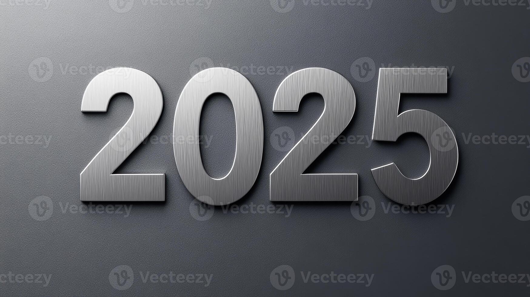 Elegant 2025 in silver serif font on a smooth gray background. photo