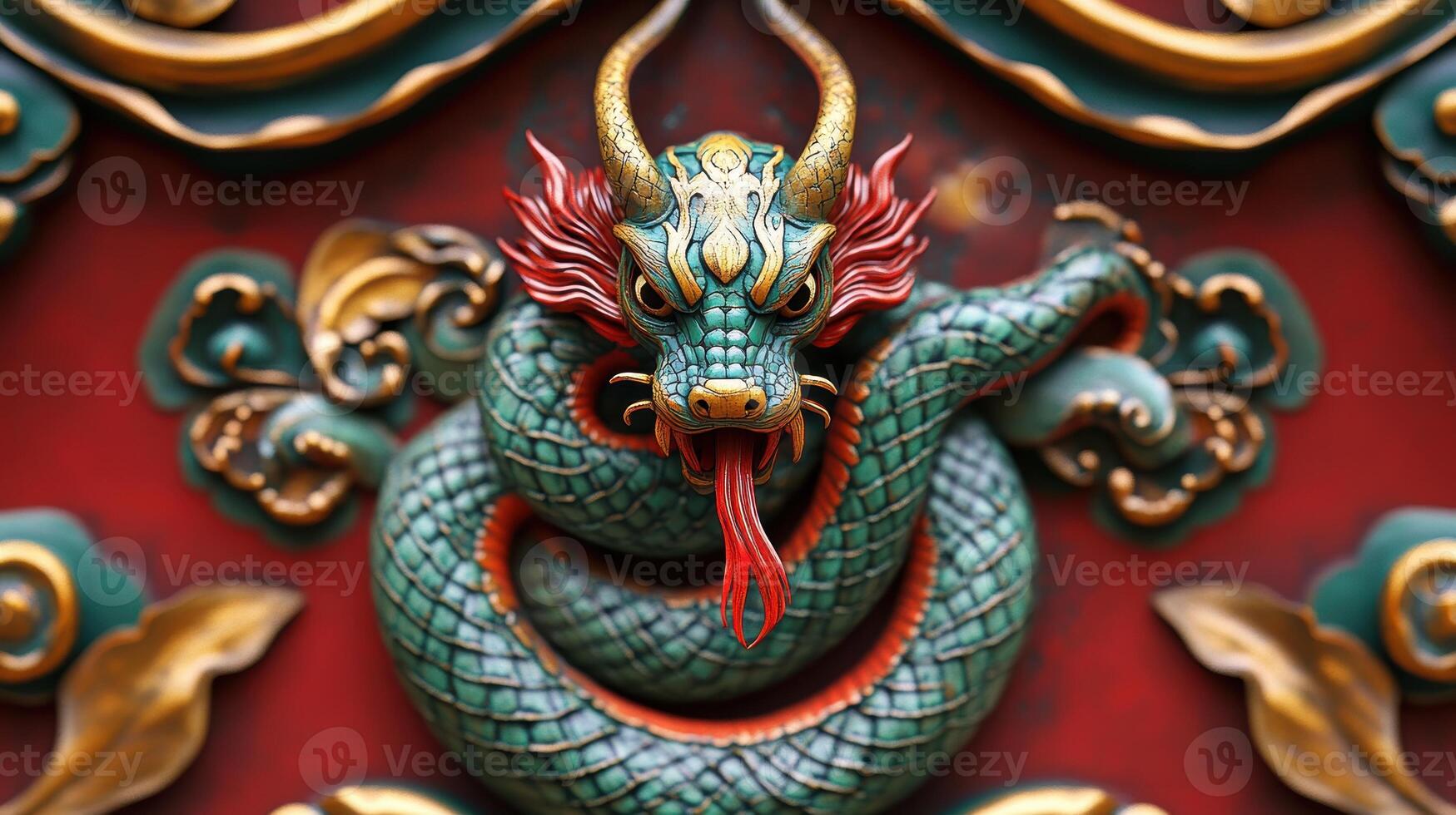Beautifully crafted green snake with gold details and red tongue, marking the 2025 Chinese zodiac. photo