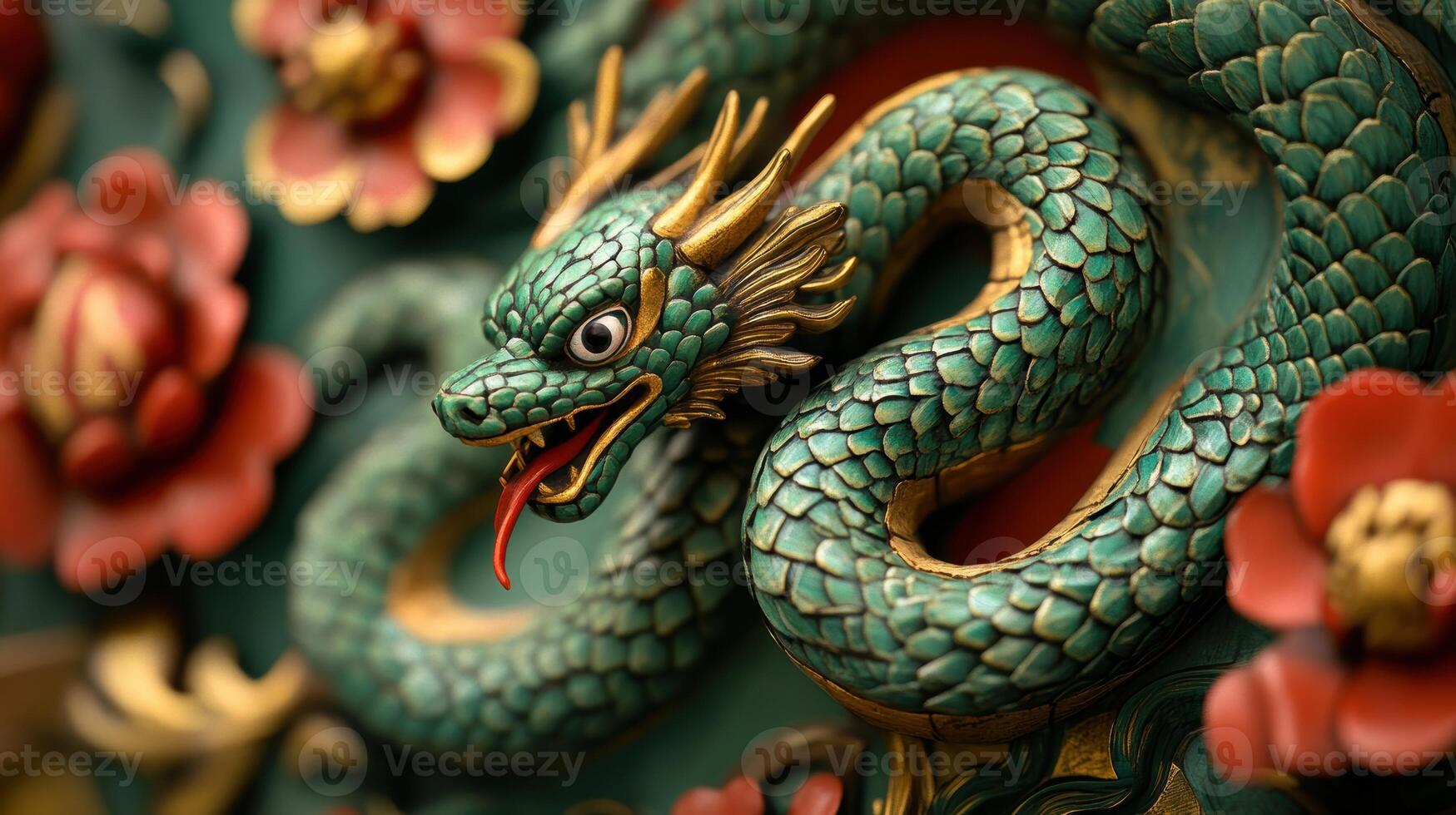 Beautifully crafted green snake with gold details and red tongue, marking the 2025 Chinese zodiac. photo