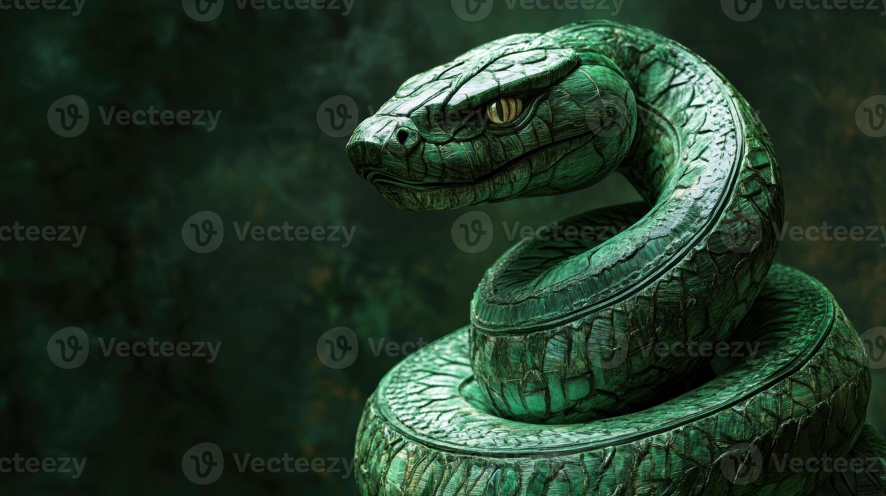 Green wooden snake wrapped around jade, intricate carving design. photo