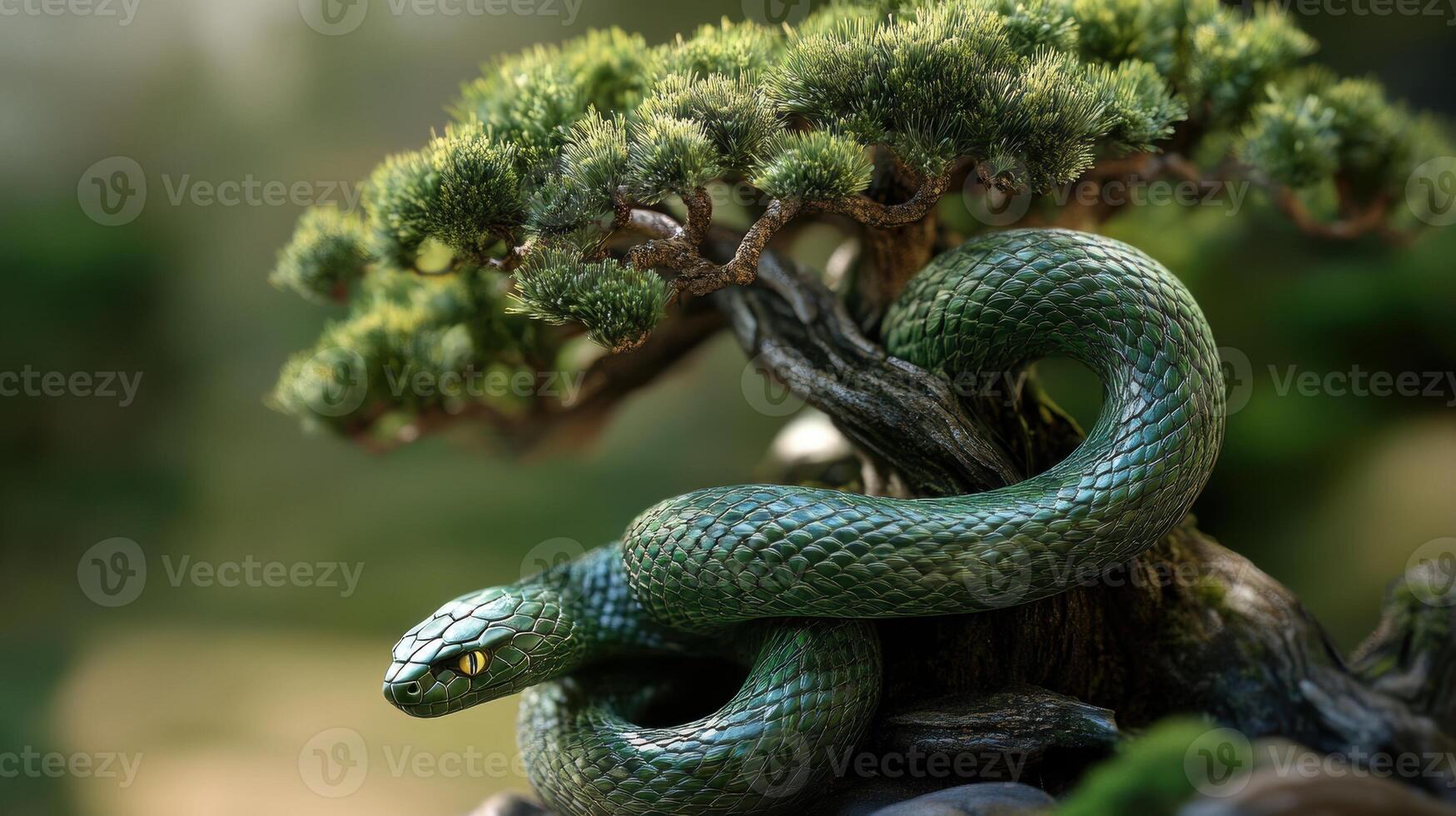 Green snake made of wood intertwined with a bonsai, representing the Chinese New Year 2025. photo