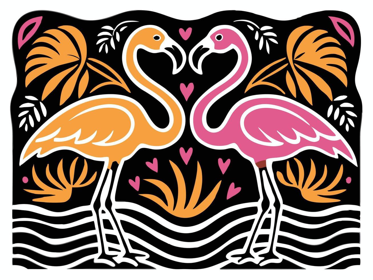 two flamingos are standing in front of a tropical background vector