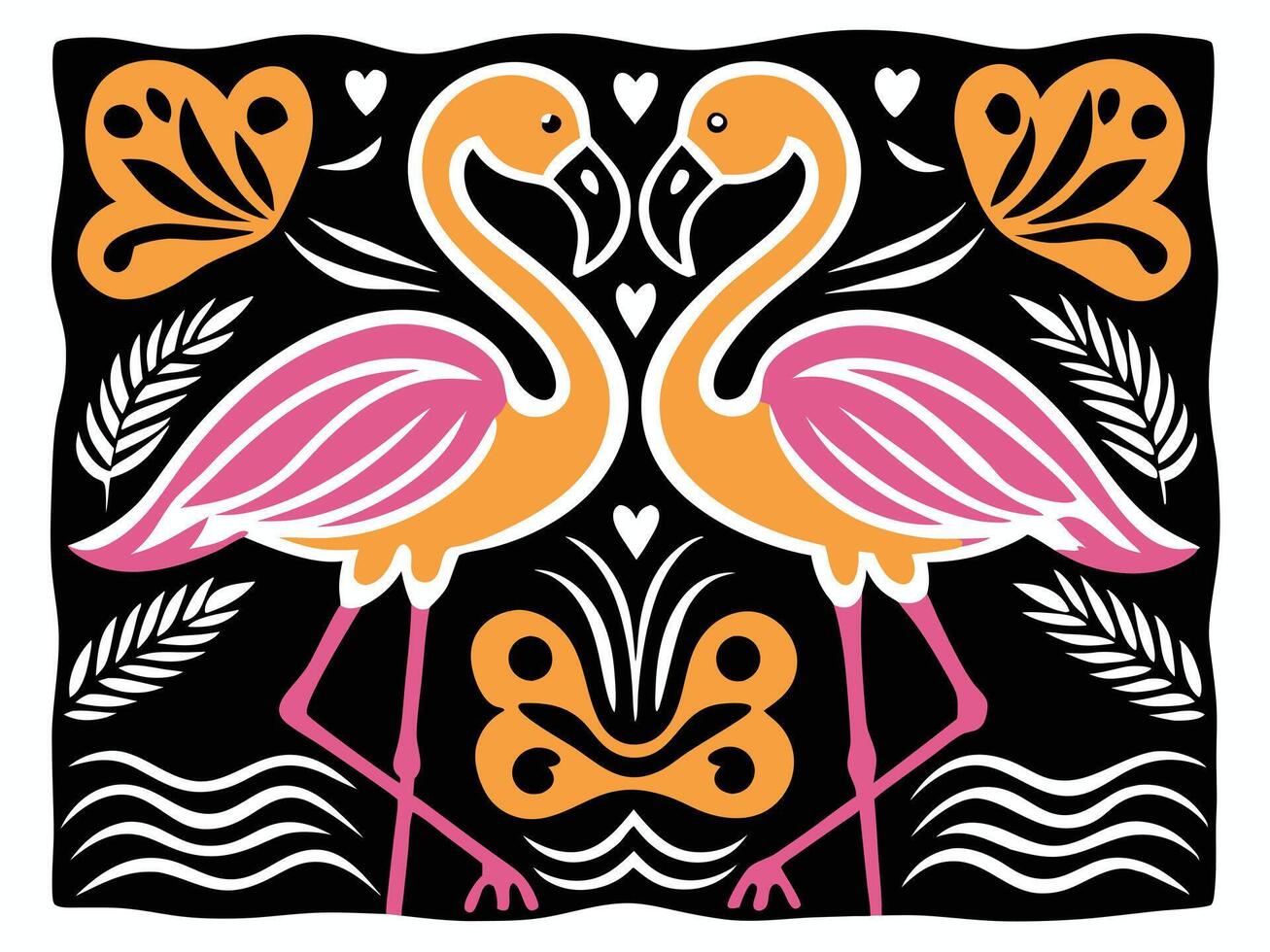 two flamingos are standing with nature. vector