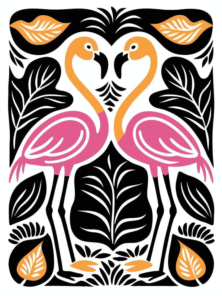 two flamingos are standing in front of a black and white background vector