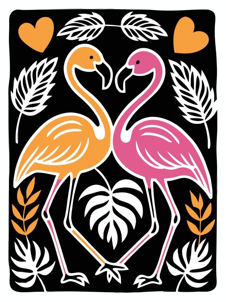 two flamingos are standing in front of a black background vector