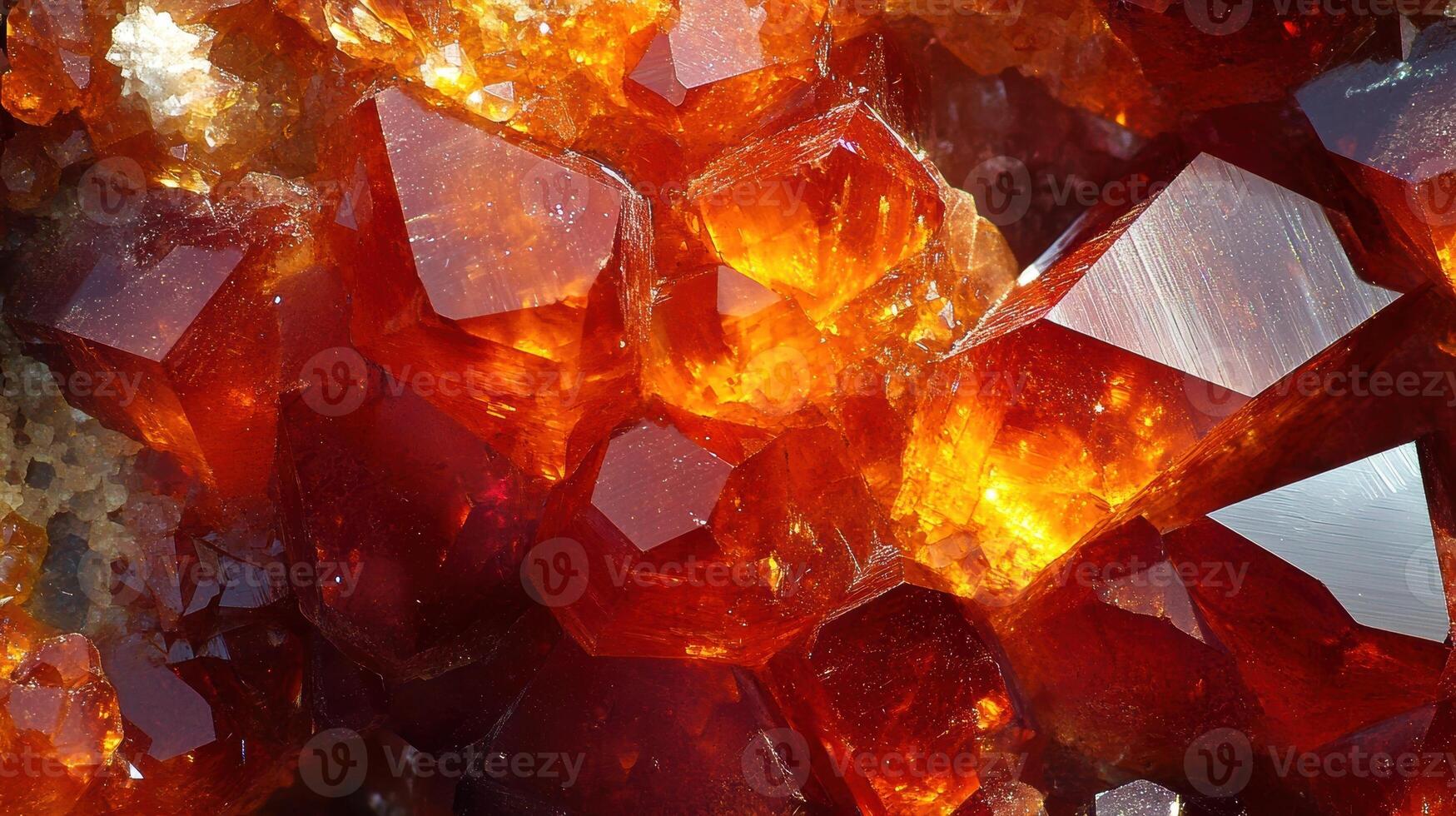 Zincite surface in extreme close-up, highlighting its vibrant color transitions from deep red to bright orange with intricate crystal formations. photo
