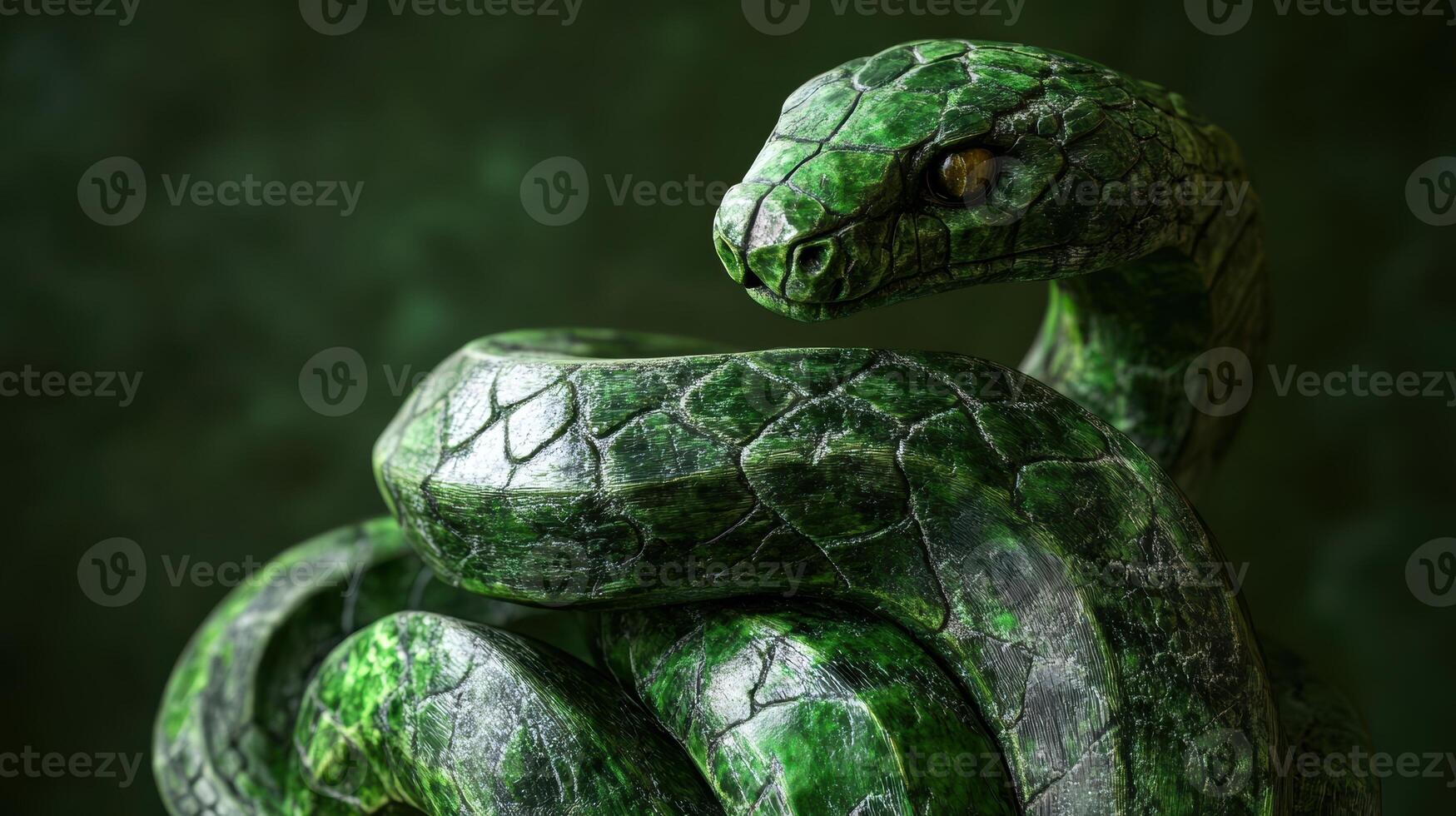 Green wooden snake wrapped around jade, intricate carving design. photo
