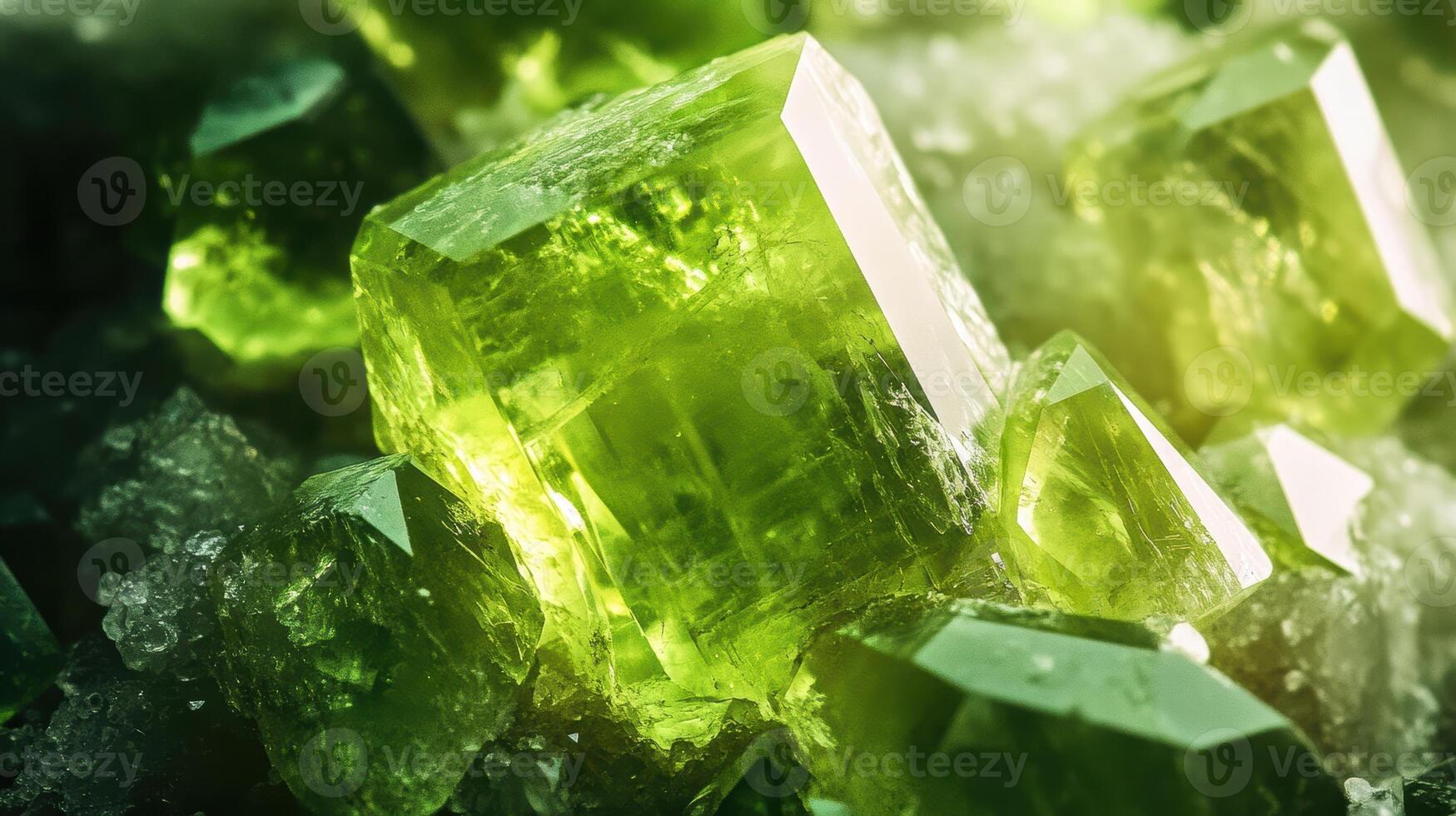 Extreme close-up of peridot surface, focusing on its rich green tones and the geometric facets of the crystal. photo