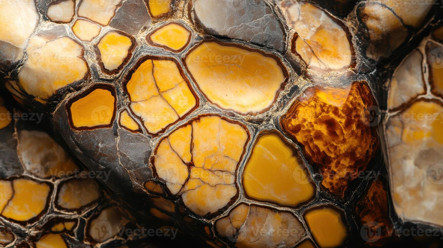 Detailed view of septarian stone showcasing yellow and brown textures photo