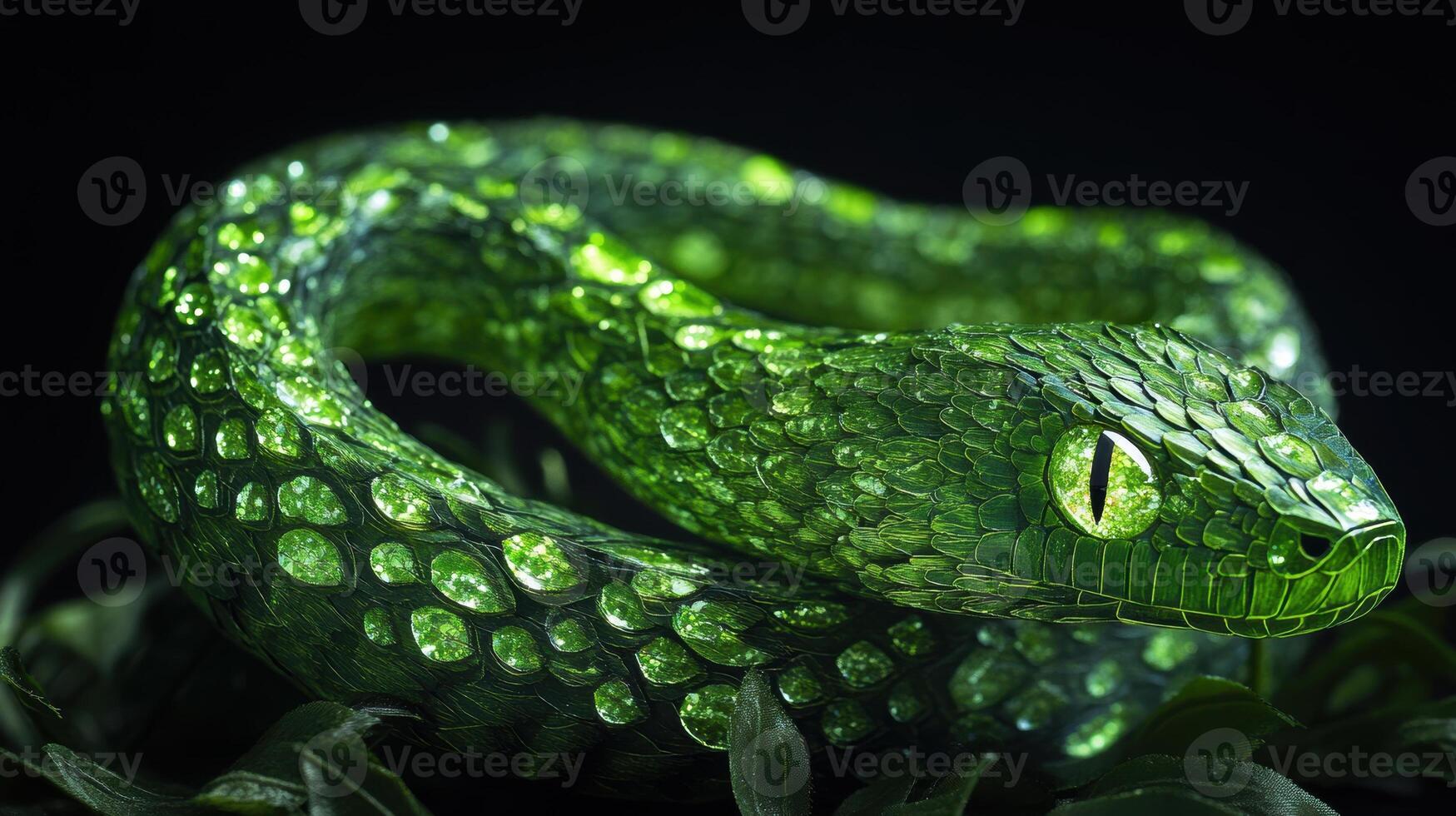 Intricately carved green snake with bright emerald eyes, symbolizing 2025. photo