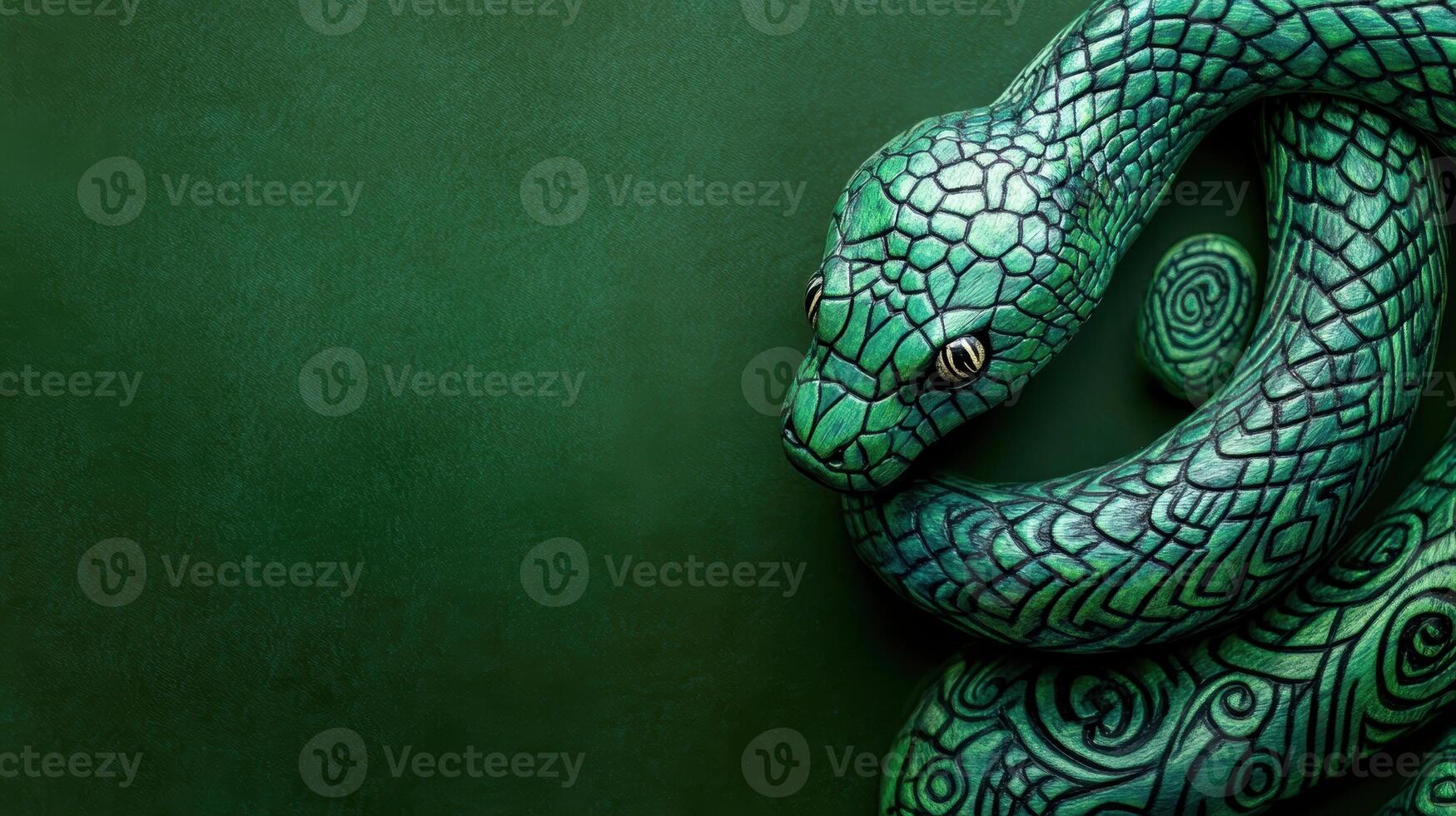 Intricate green snake with tribal patterns, blending natural beauty with bold design. photo