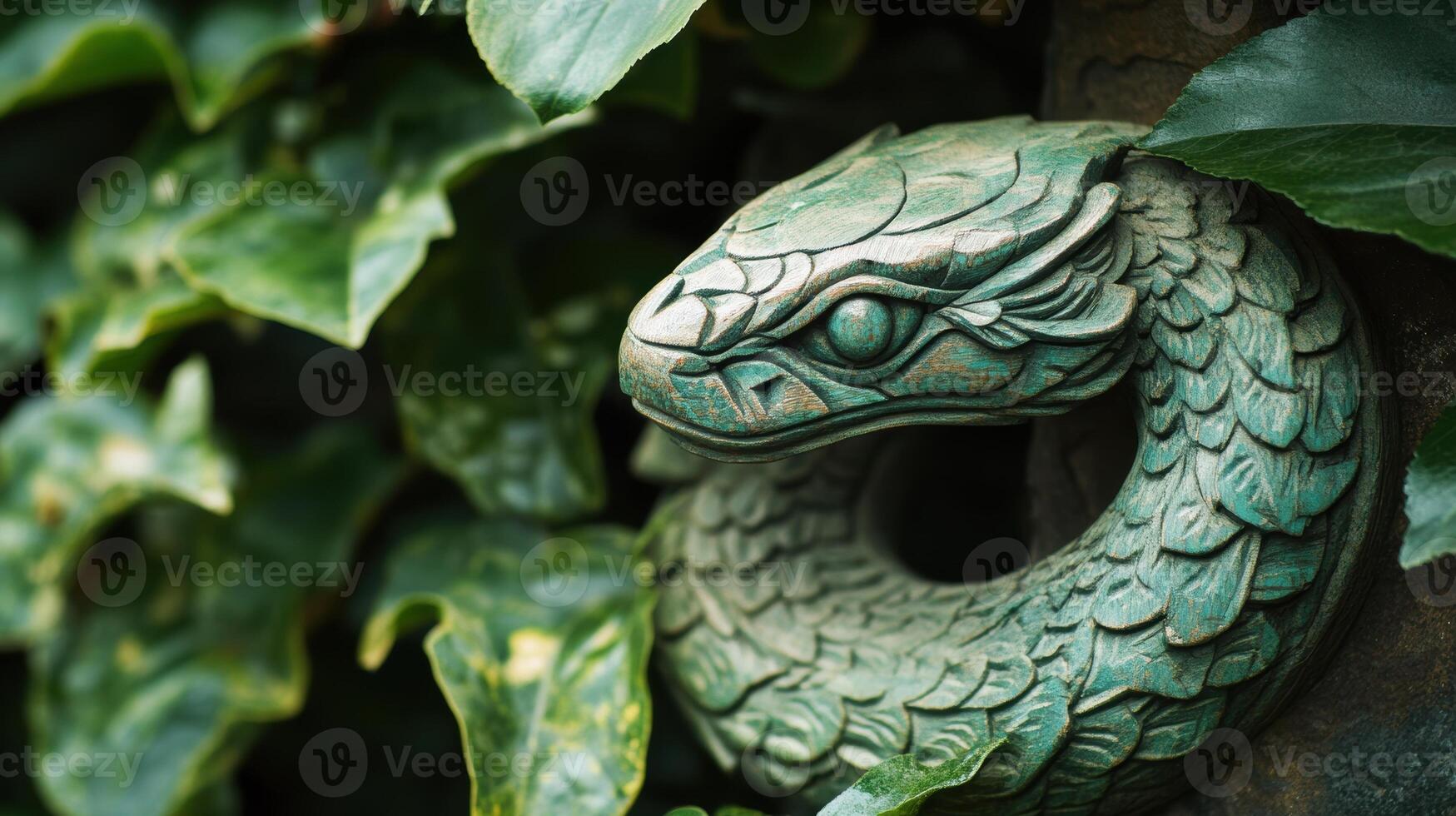Green snake sculpture in wood, surrounded by carved leaves, highlighting craftsmanship. photo