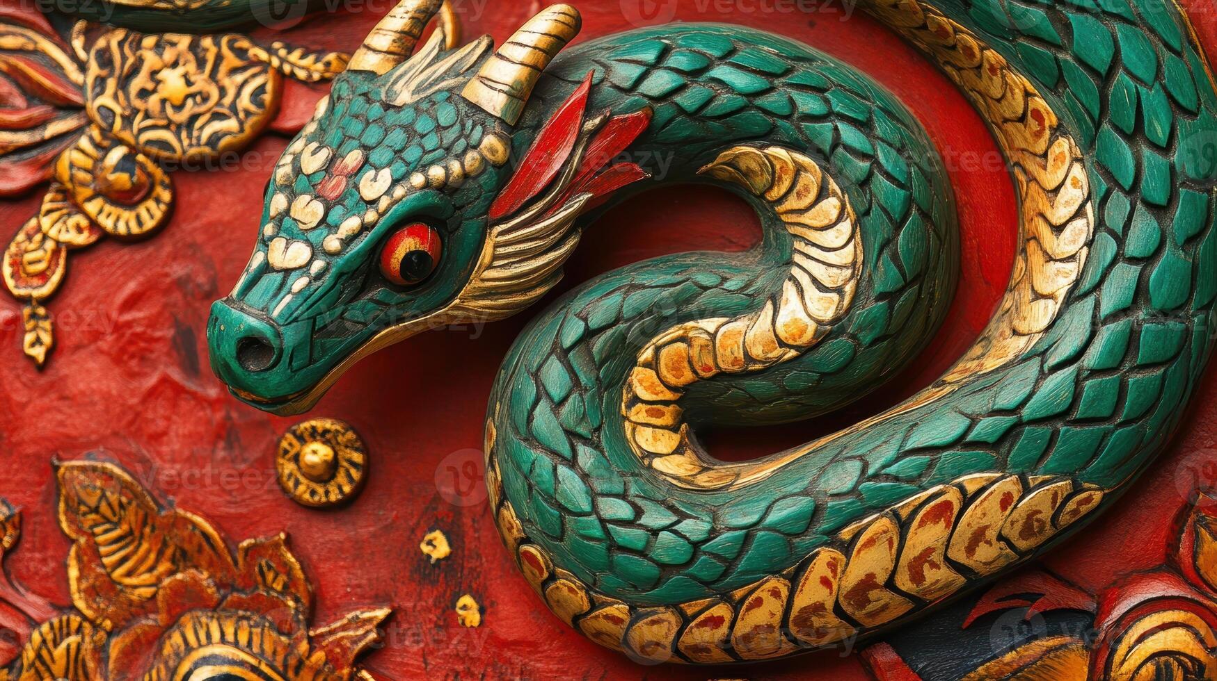 Beautifully crafted green snake with gold details and red tongue, marking the 2025 Chinese zodiac. photo