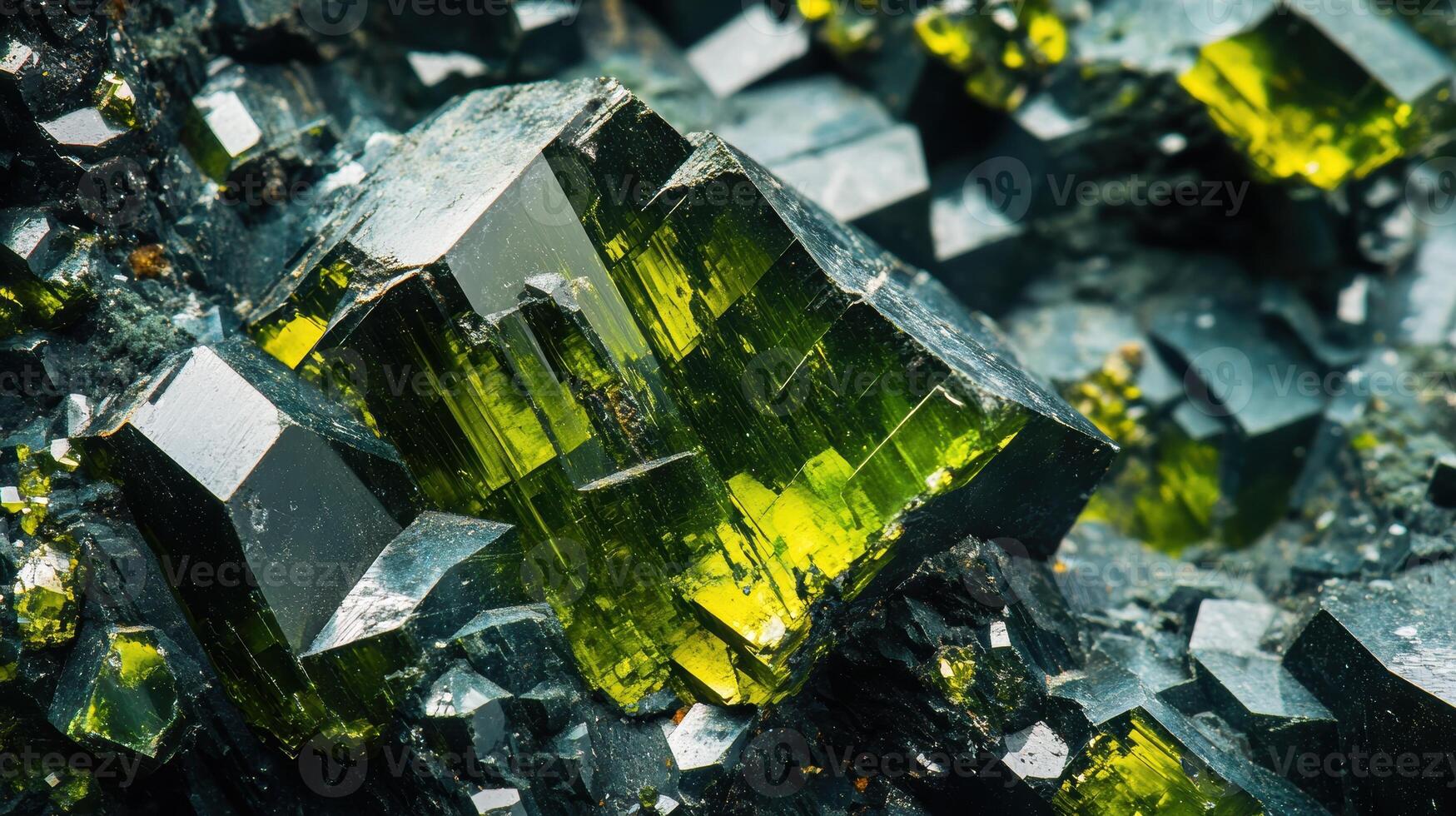 Detailed view of epidote gemstone revealing its intense green hue and crystalline texture photo