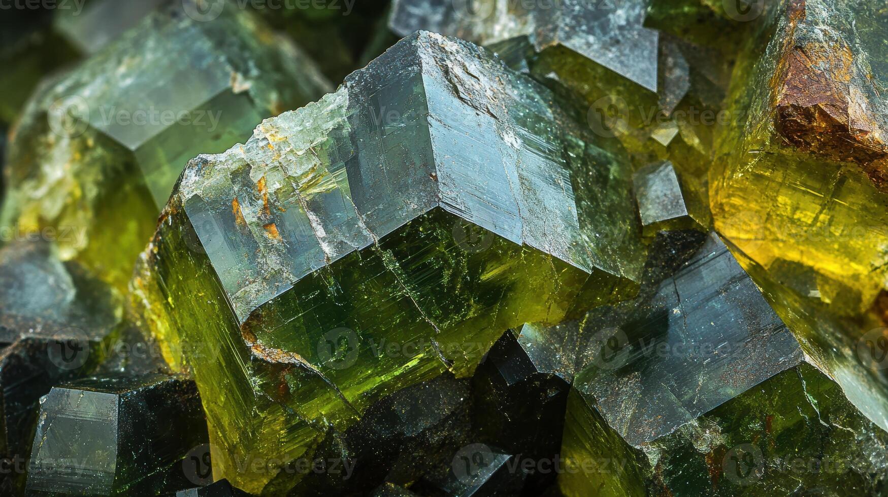 Detailed view of green andradite garnet with intricate crystal structures. photo