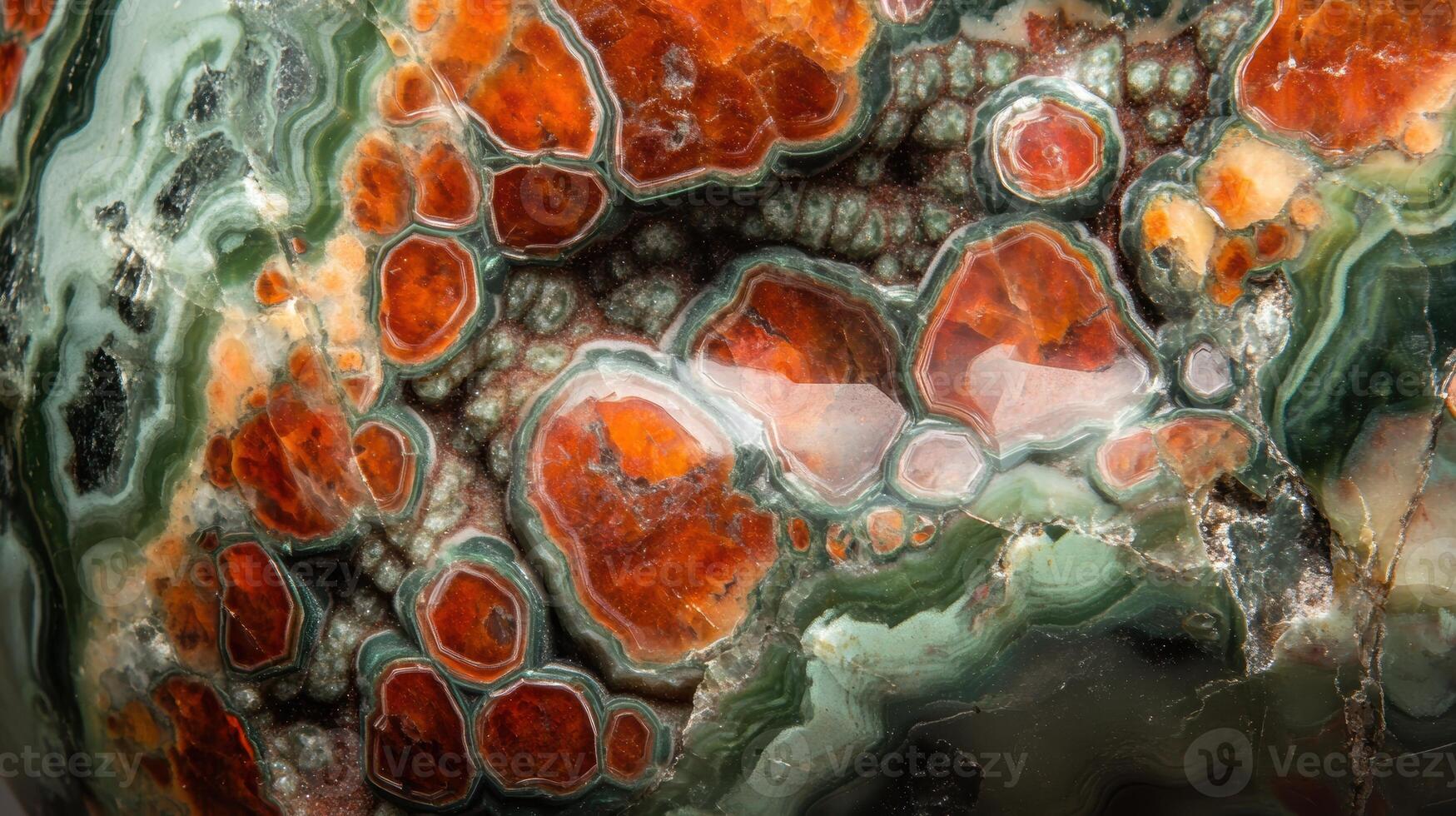 Polished zoisite gemstone with intricate red and green patterns. photo