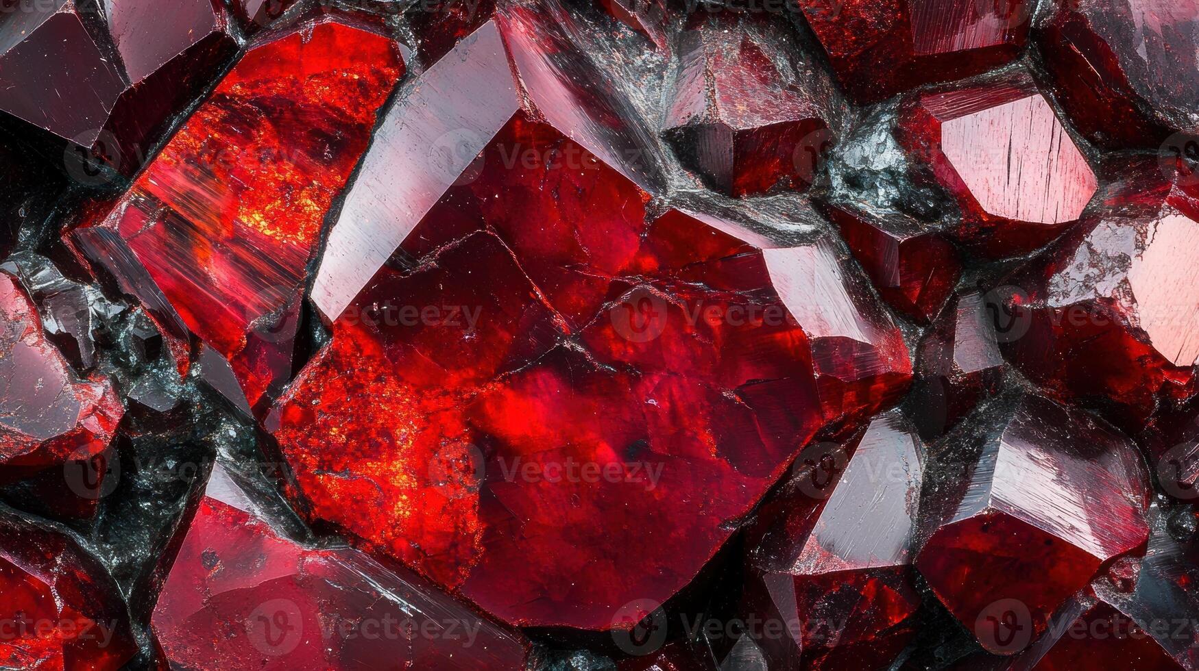 Close-up of cinnabar crystal revealing its intense red color and intricate geometric formations photo