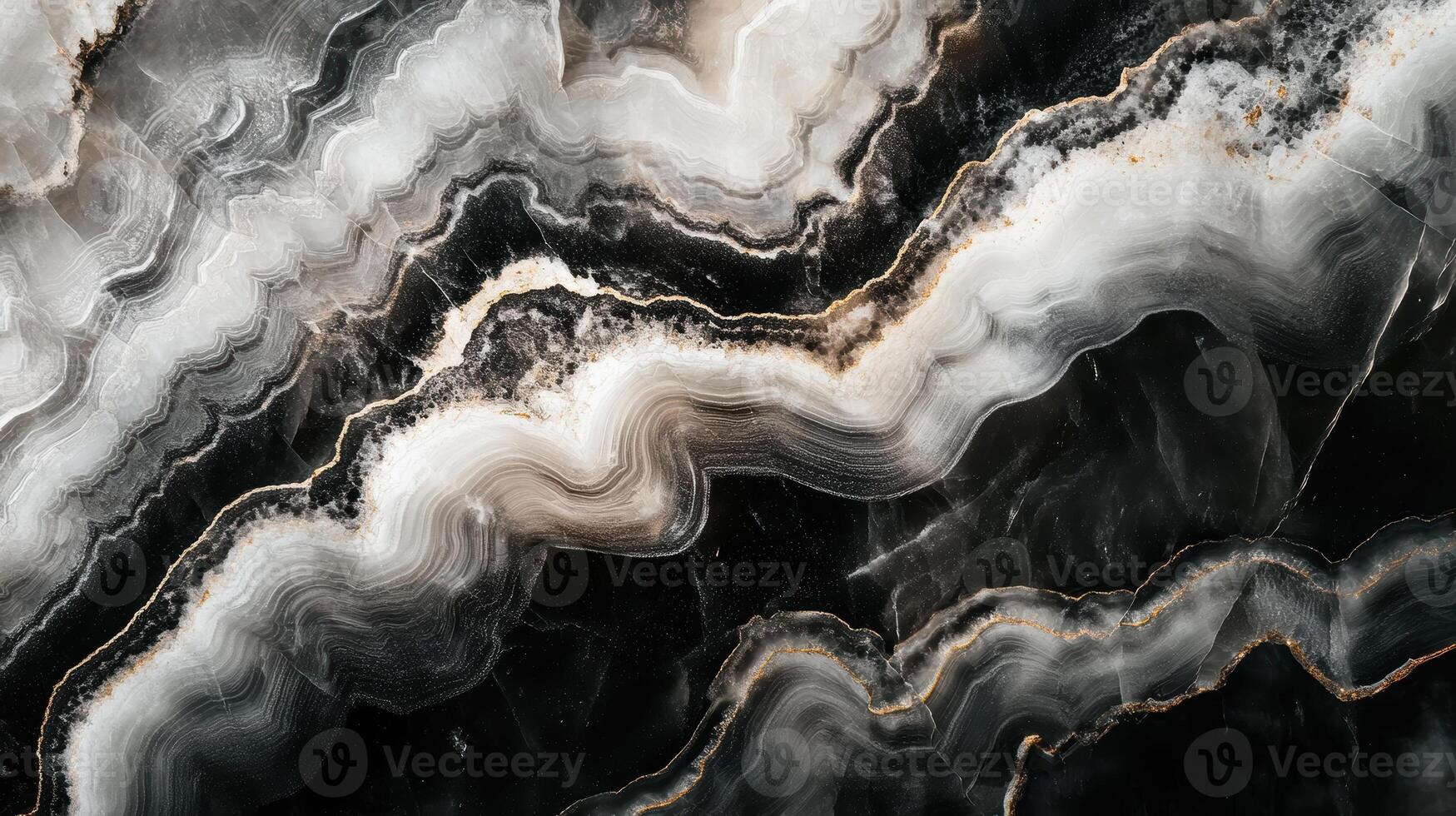 Detailed view of onyx stone, emphasizing its deep black hues intertwined with shimmering gold veins. photo