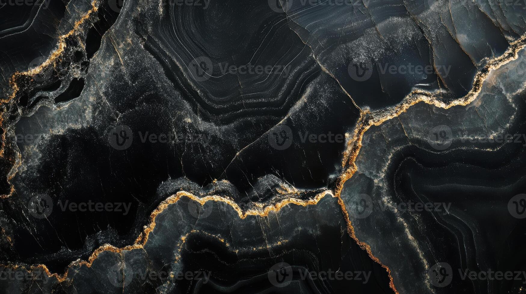 Detailed view of onyx stone, emphasizing its deep black hues intertwined with shimmering gold veins. photo