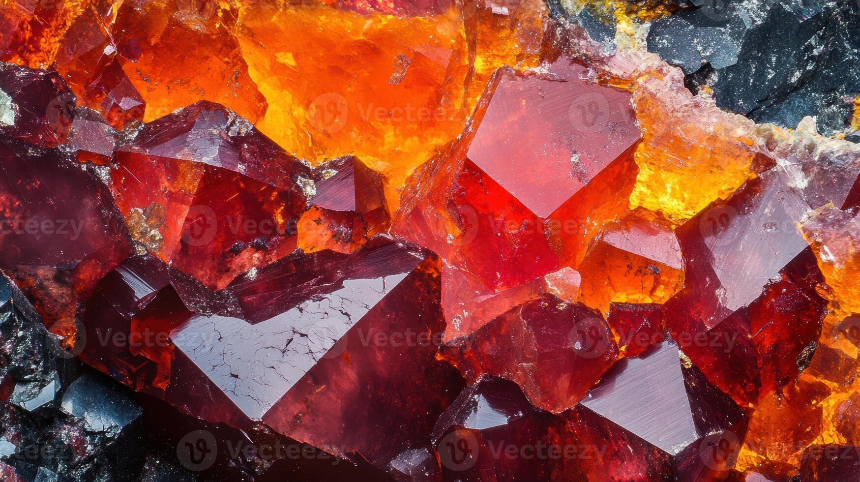 Zincite surface in extreme close-up, highlighting its vibrant color transitions from deep red to bright orange with intricate crystal formations. photo