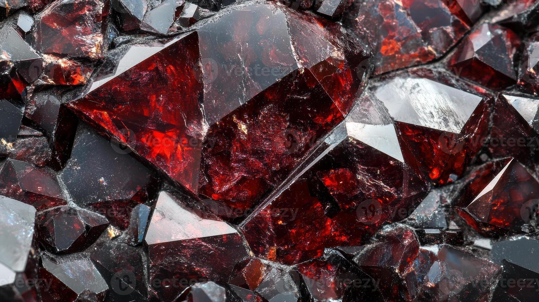 Polished garnet gemstone with deep red hues and sharp crystal edges. photo