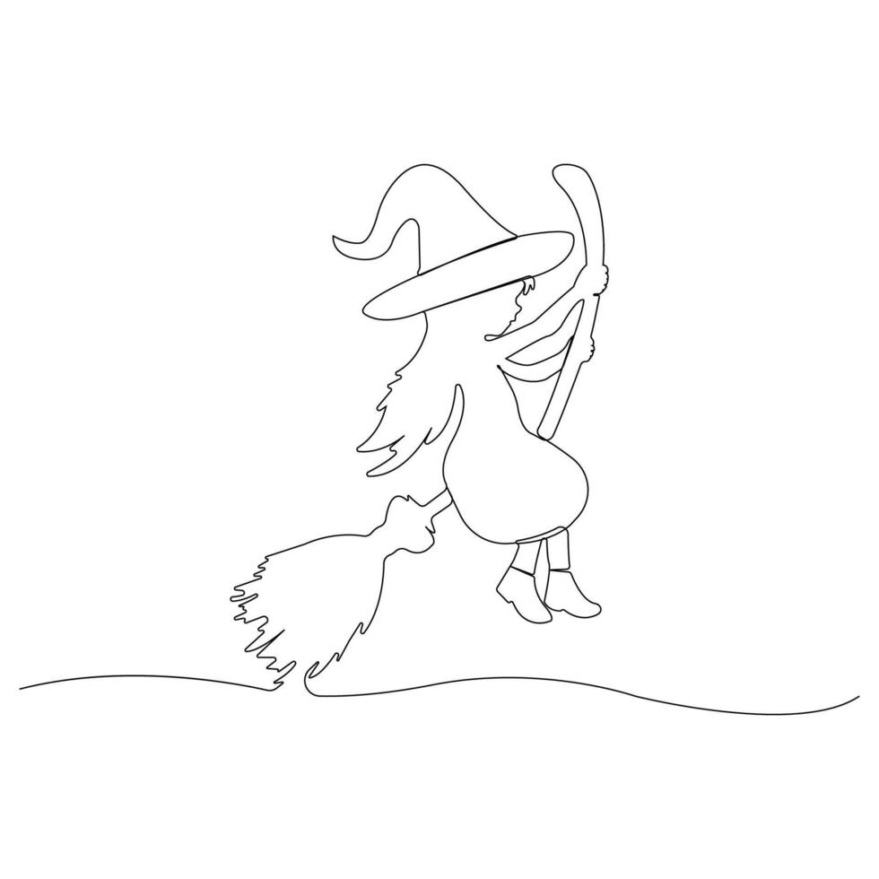 Little girl wearing witch hat and playing with broom one-line art drawing. vector