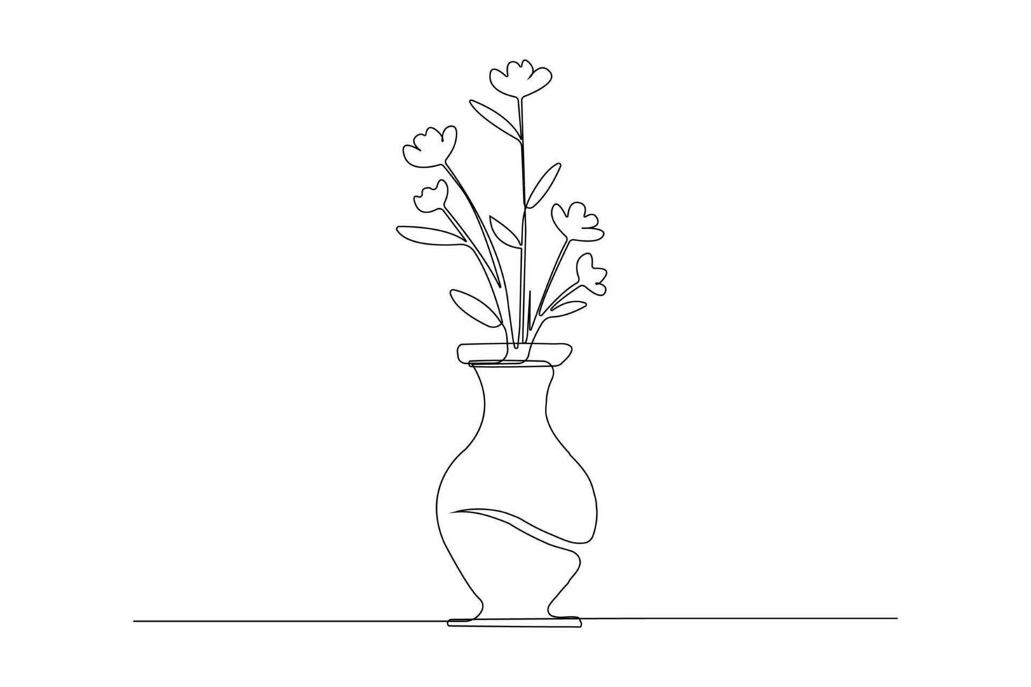 Hand-drawn flowers in vase continuous line art. Vase linear design in doodle style. vector