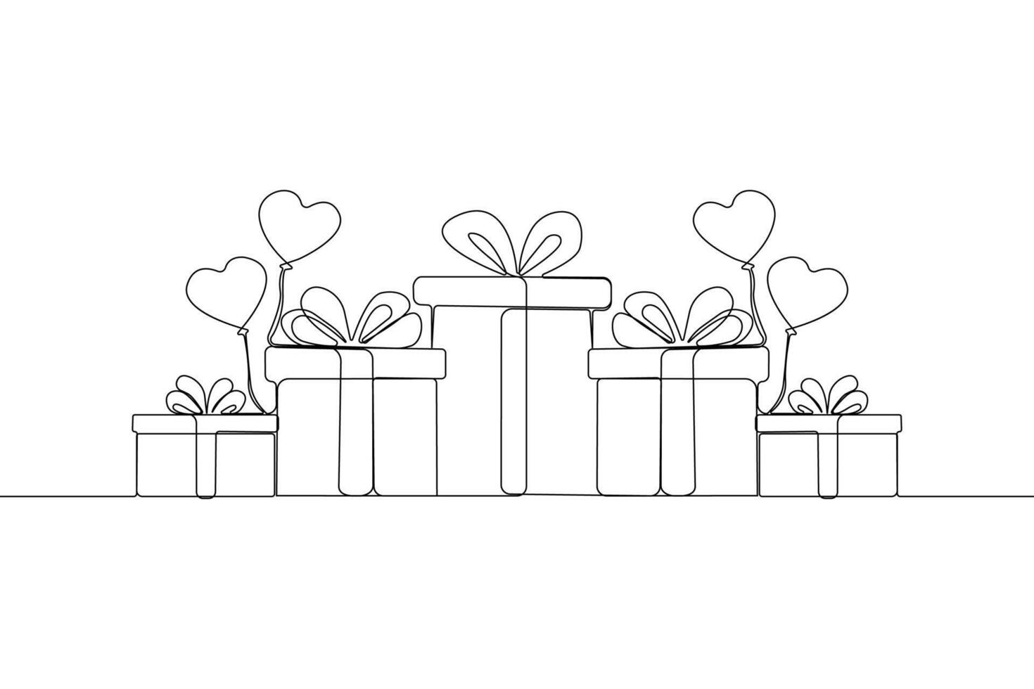 Gift boxes with balloon hand-drawn continuous line art. Festival concept element in doodle style. vector