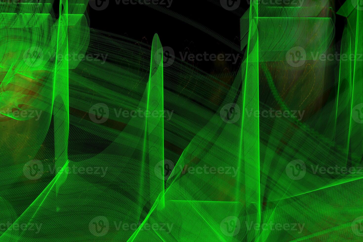 Green glowing lines of neon lights. Green abstract background. photo