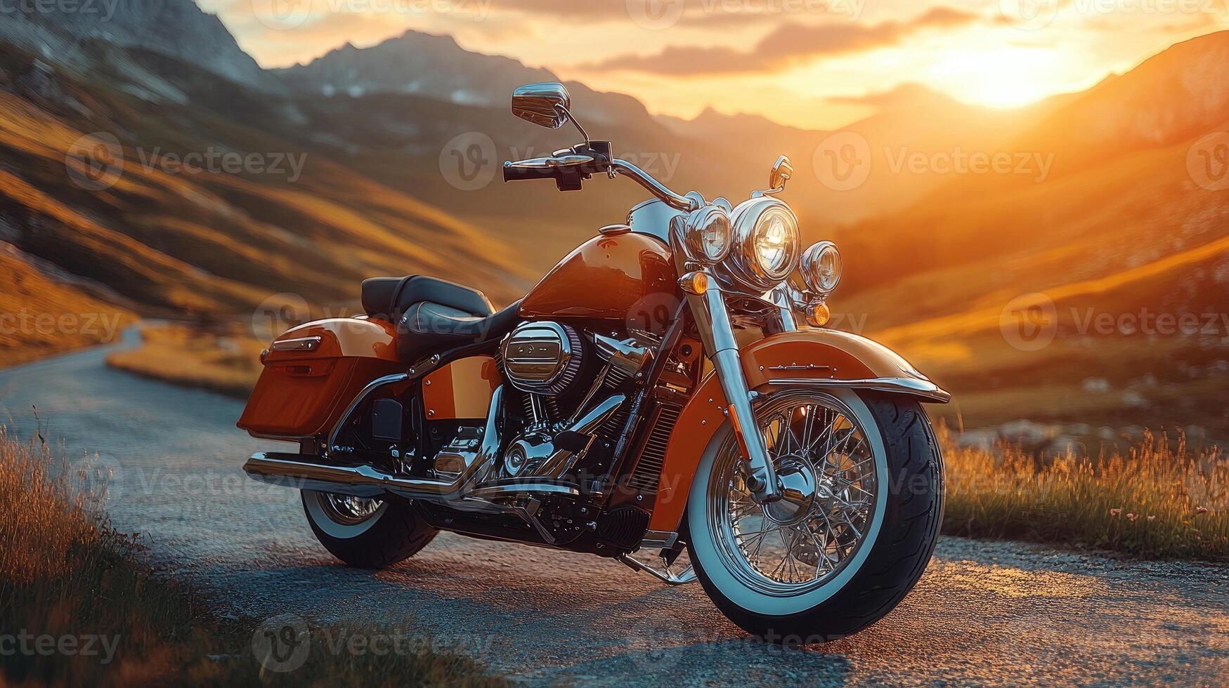 Red and chrome motorcycle standing on an empty road at sunset photo