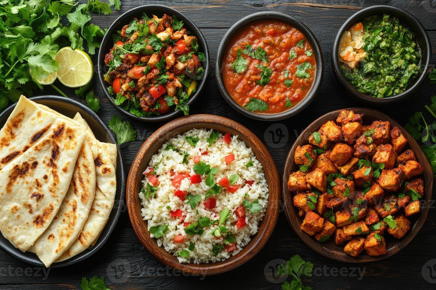 Assortment of indian dishes is served on a rustic wooden table photo