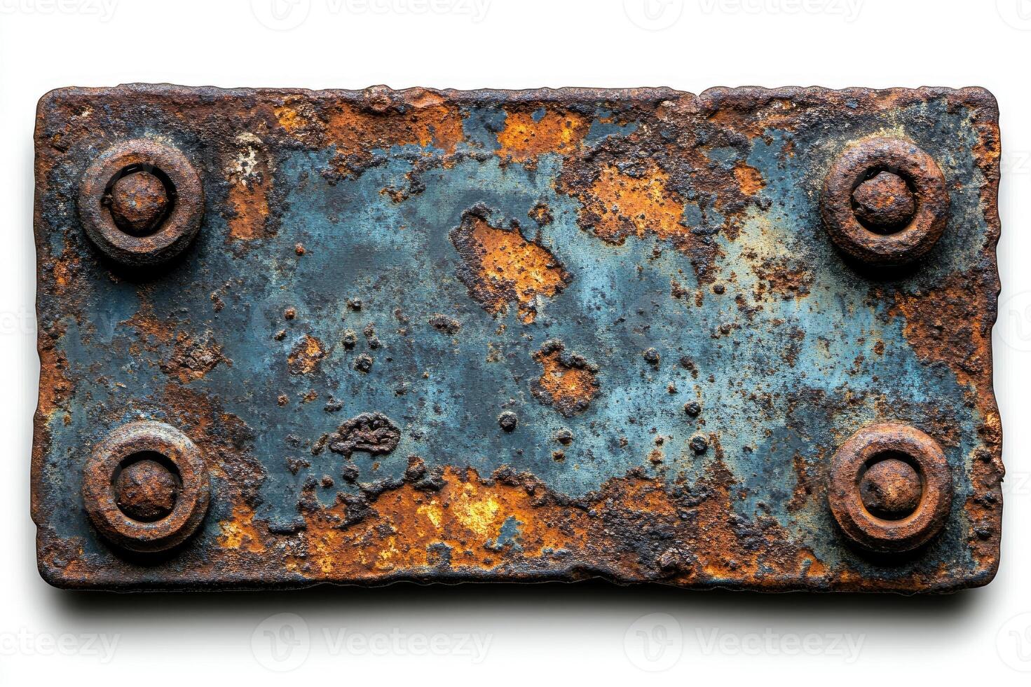 Rusty old metal plate with rivets showing corrosion photo