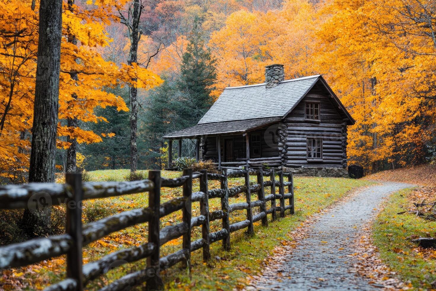 Pathway leading to cozy log cabin surrounded by fall foliage photo