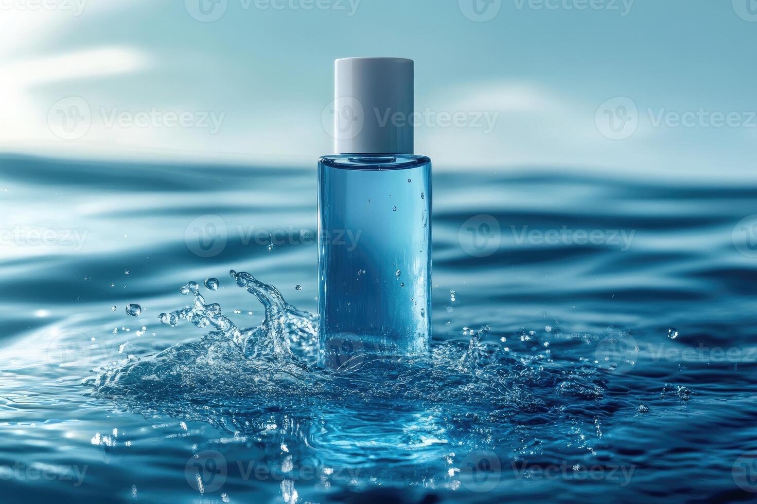 Transparent cosmetic bottle splashing in clean water photo