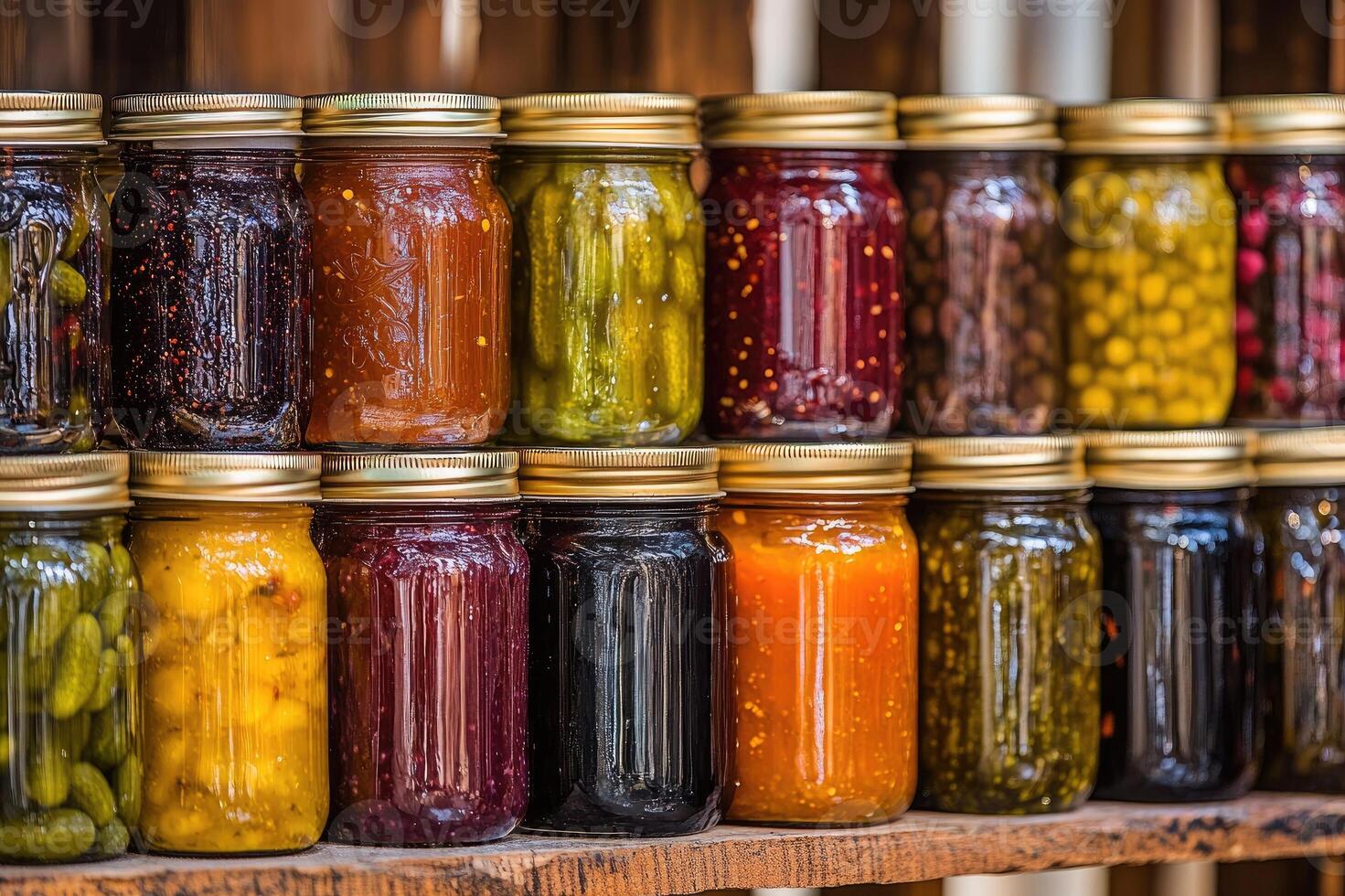 Rows of colorful preserves in glass jars with metal lids sitting on a wooden shelf photo