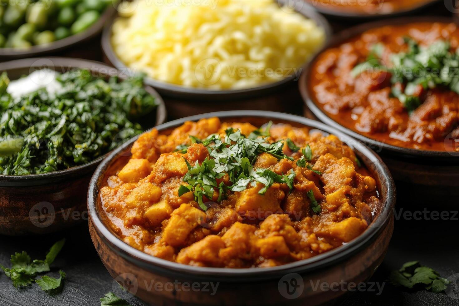 Traditional indian cuisine being served in earthenware bowls photo