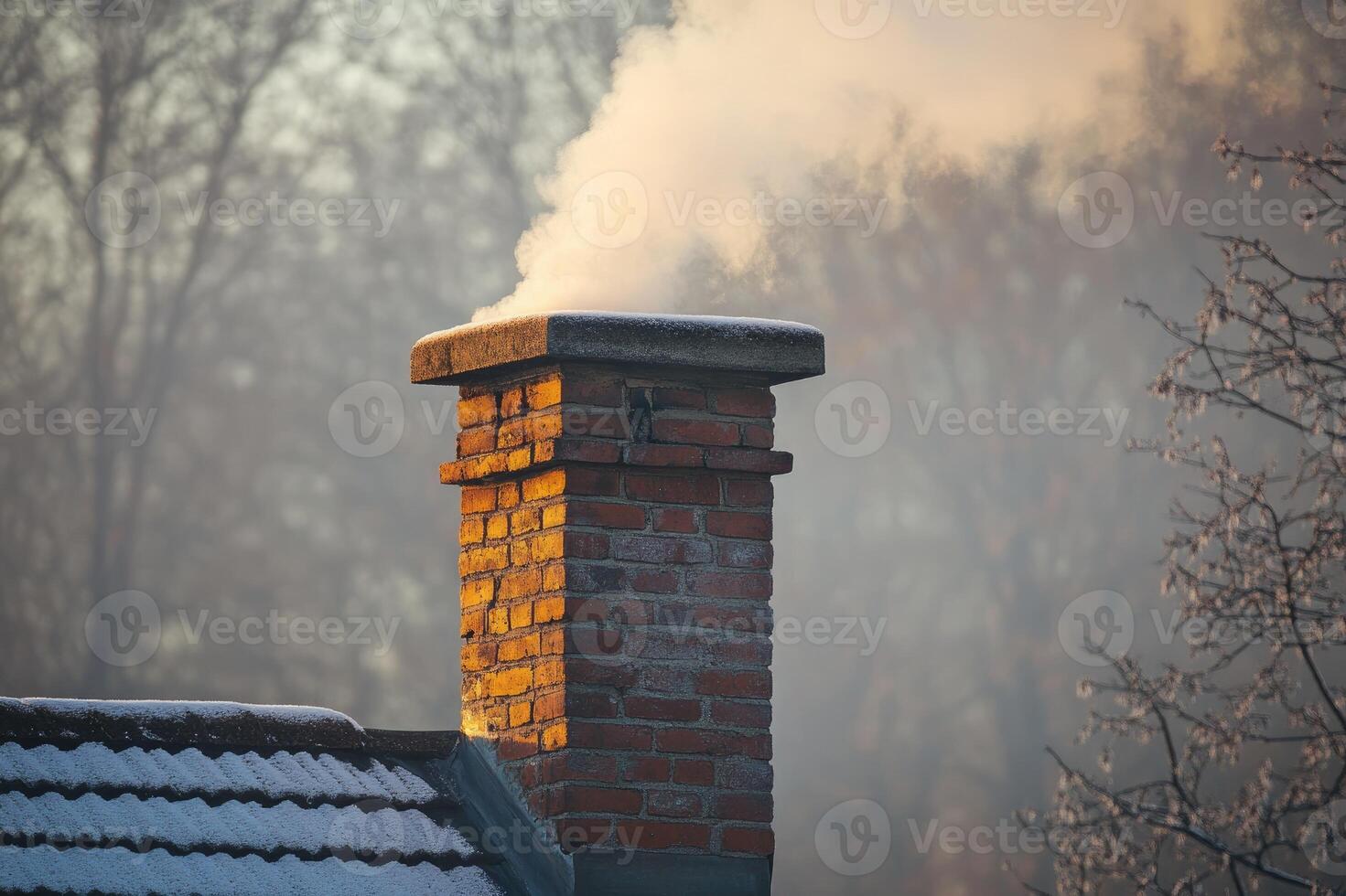 Smoke is coming out of a brick chimney on a cold winter day photo