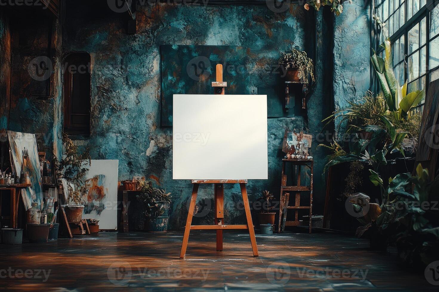 Blank canvas standing on easel in an art studio waiting for a painter photo