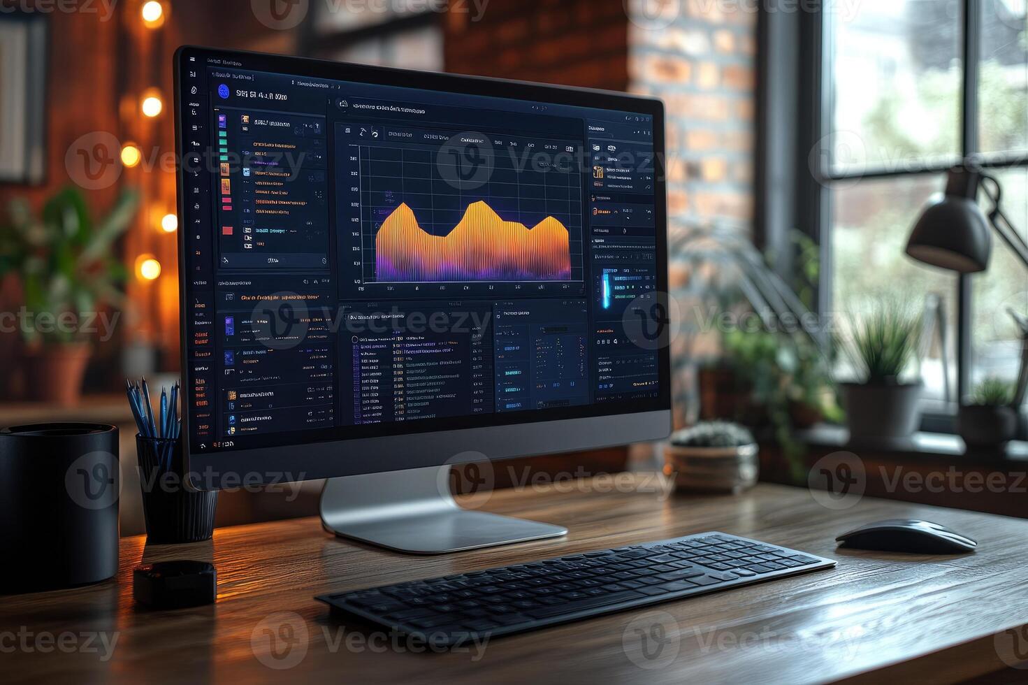 Modern workspace setup showing financial data on a desktop computer screen photo