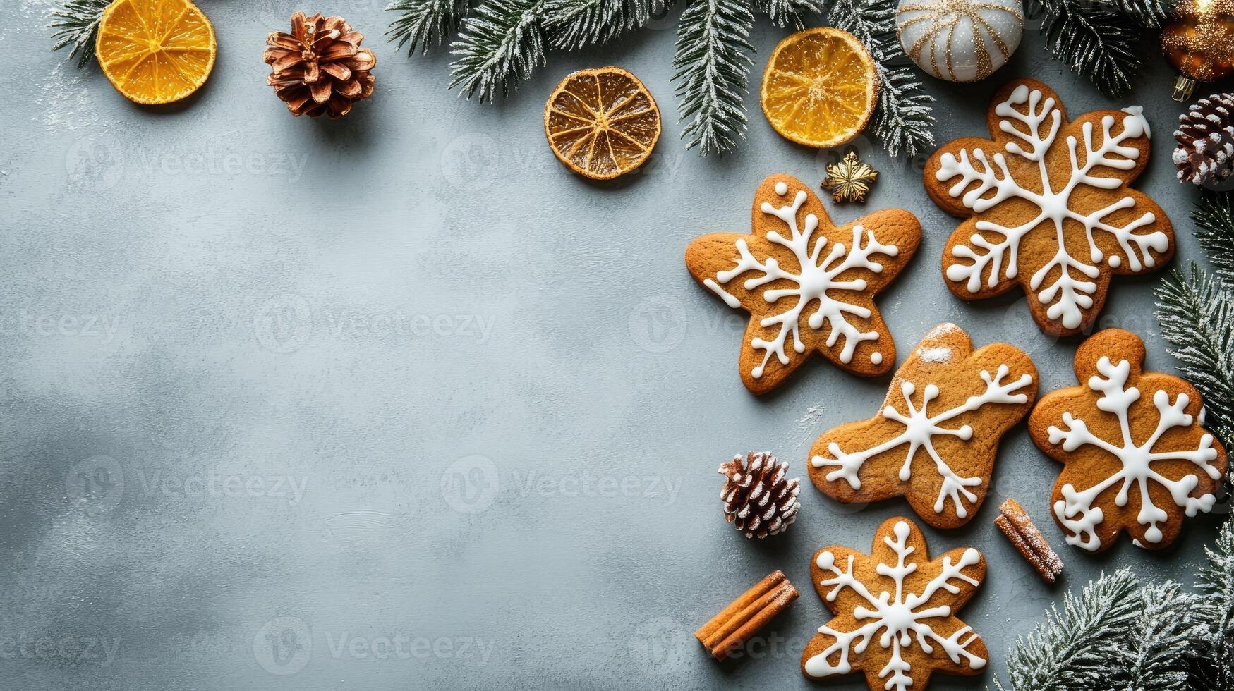Christmas gingerbread cookies decorated with icing on grey background with fir branches photo