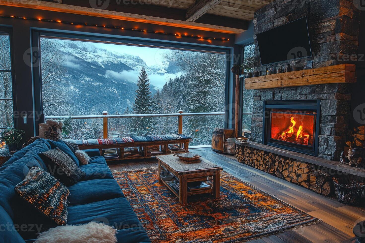 Modern living room overlooking snowy mountain view with fireplace burning photo