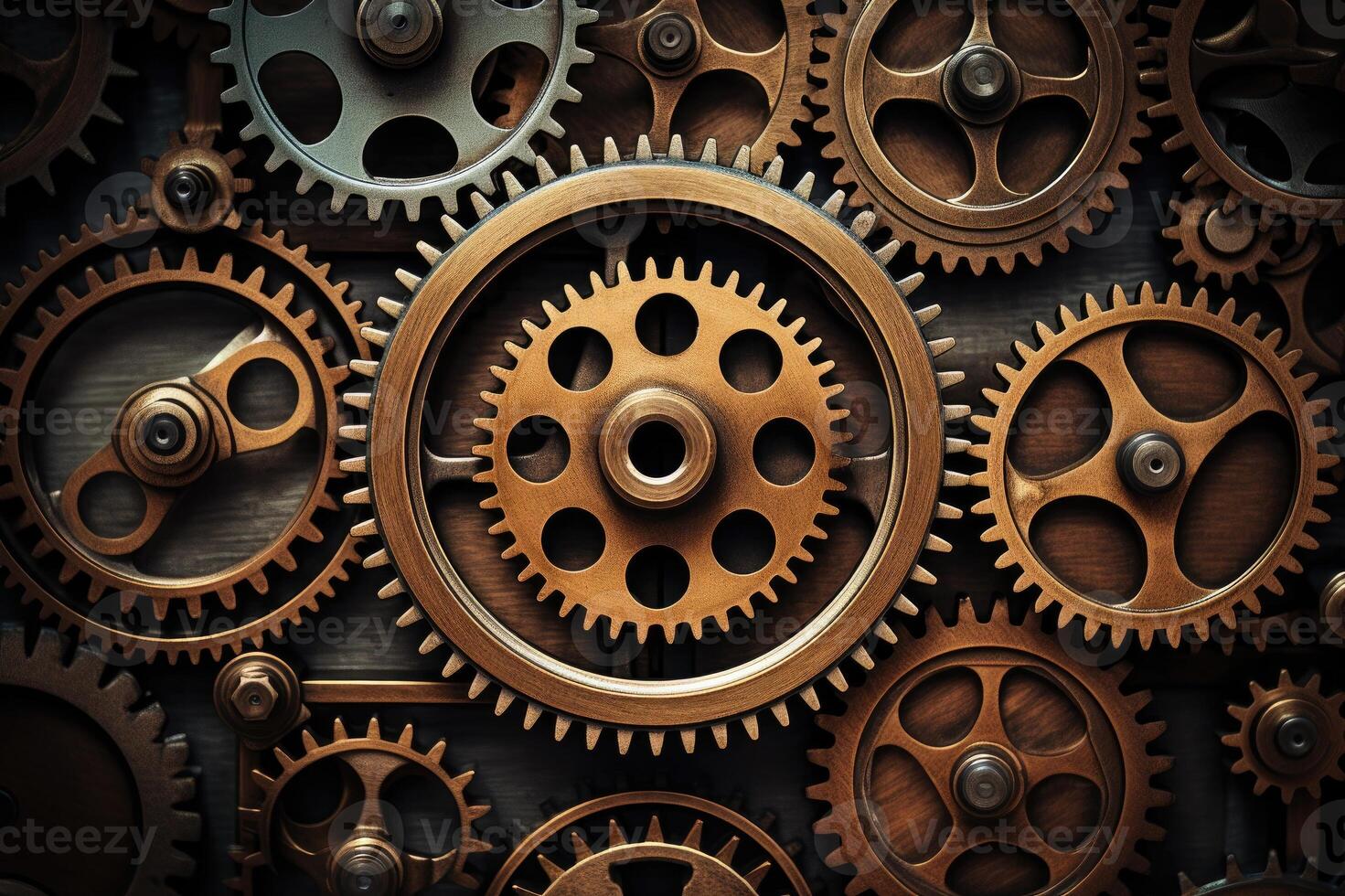 Closeup of vintage metallic clockwork gears interlocking with each other photo