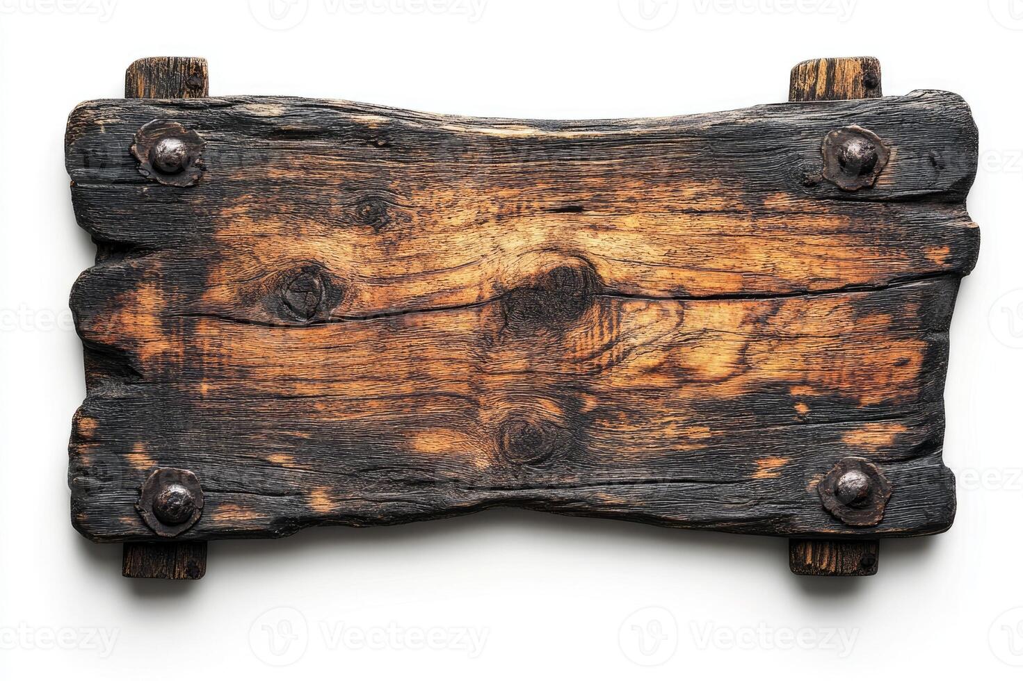 Old empty wooden sign board with metal elements on white background photo