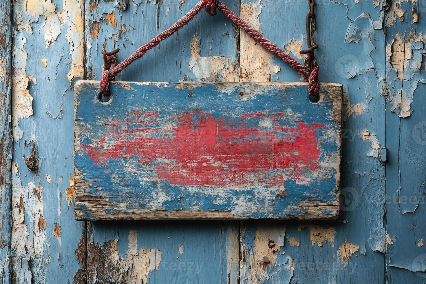 Old red wooden sign with rope hanging on blue weathered wall photo