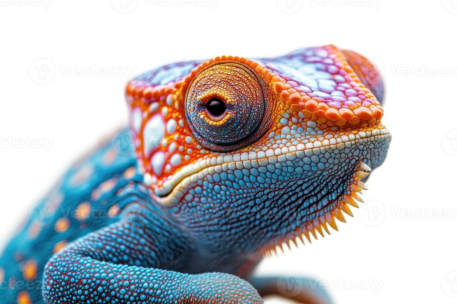 Colorful panther chameleon posing on white background photo