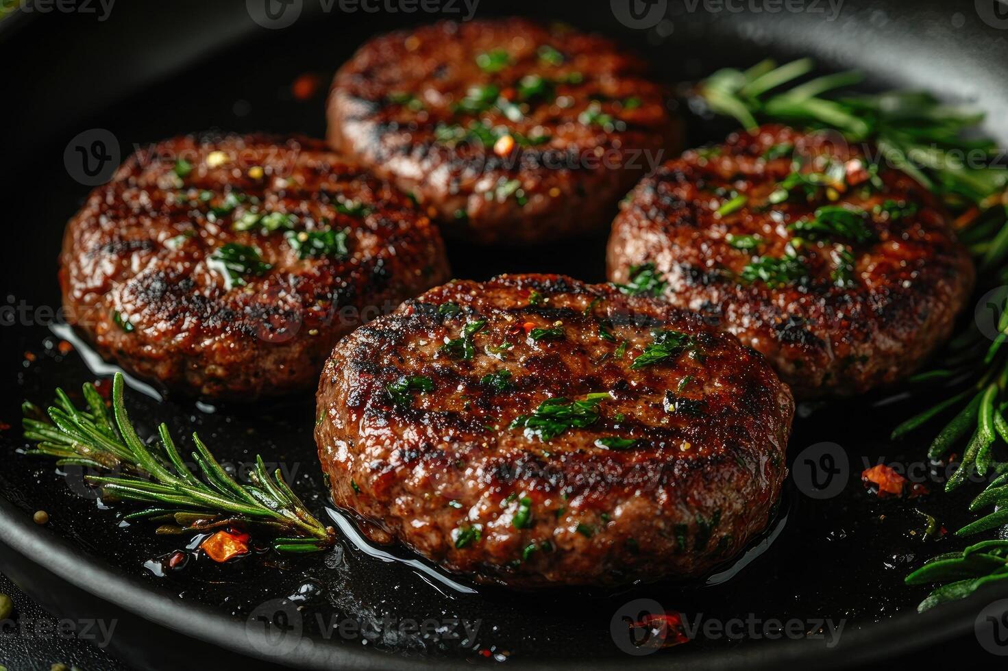Juicy beef patties frying in cast iron pan with rosemary and spices photo