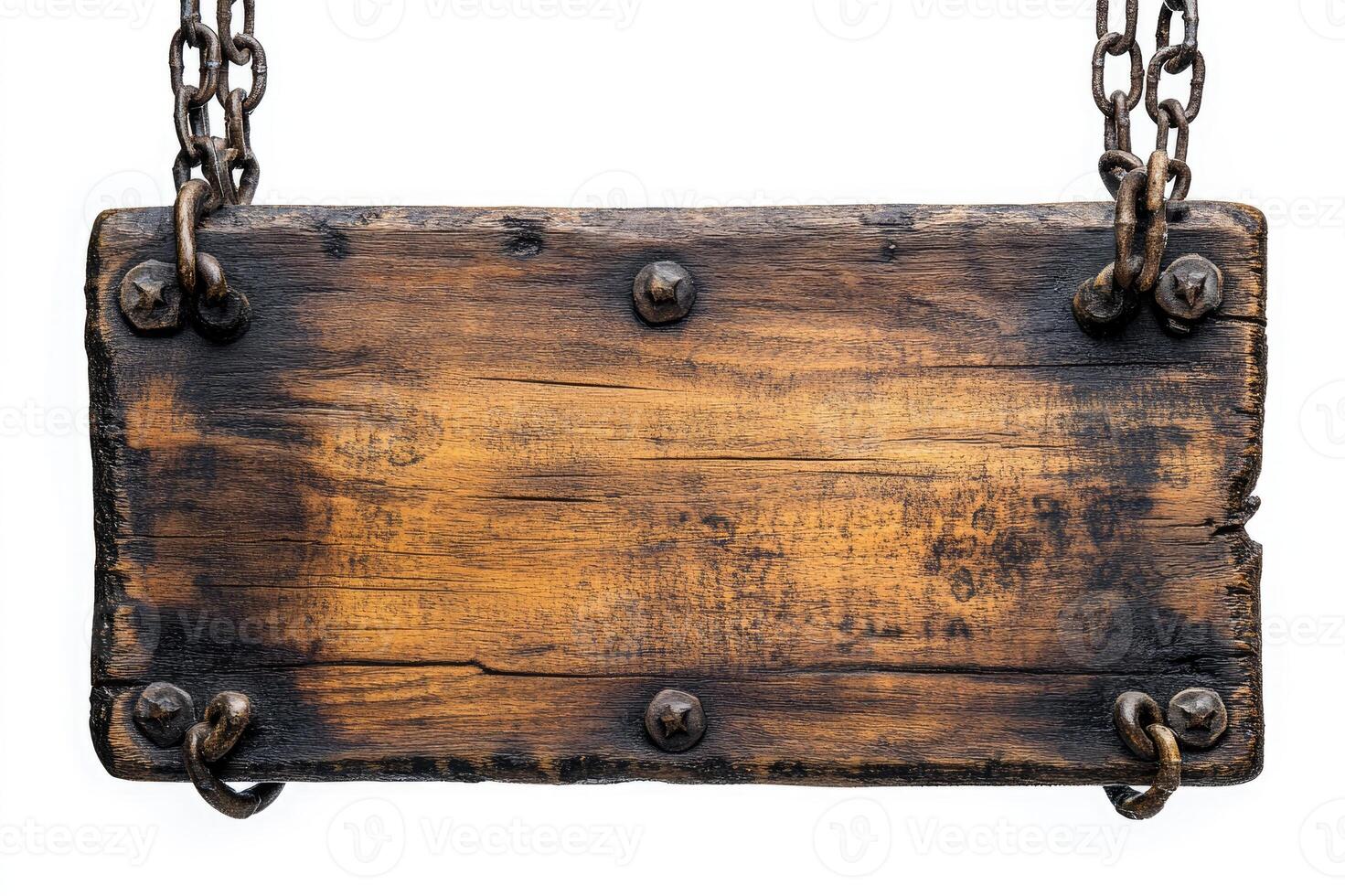 Old empty wooden sign hanging on chains isolated on white background photo