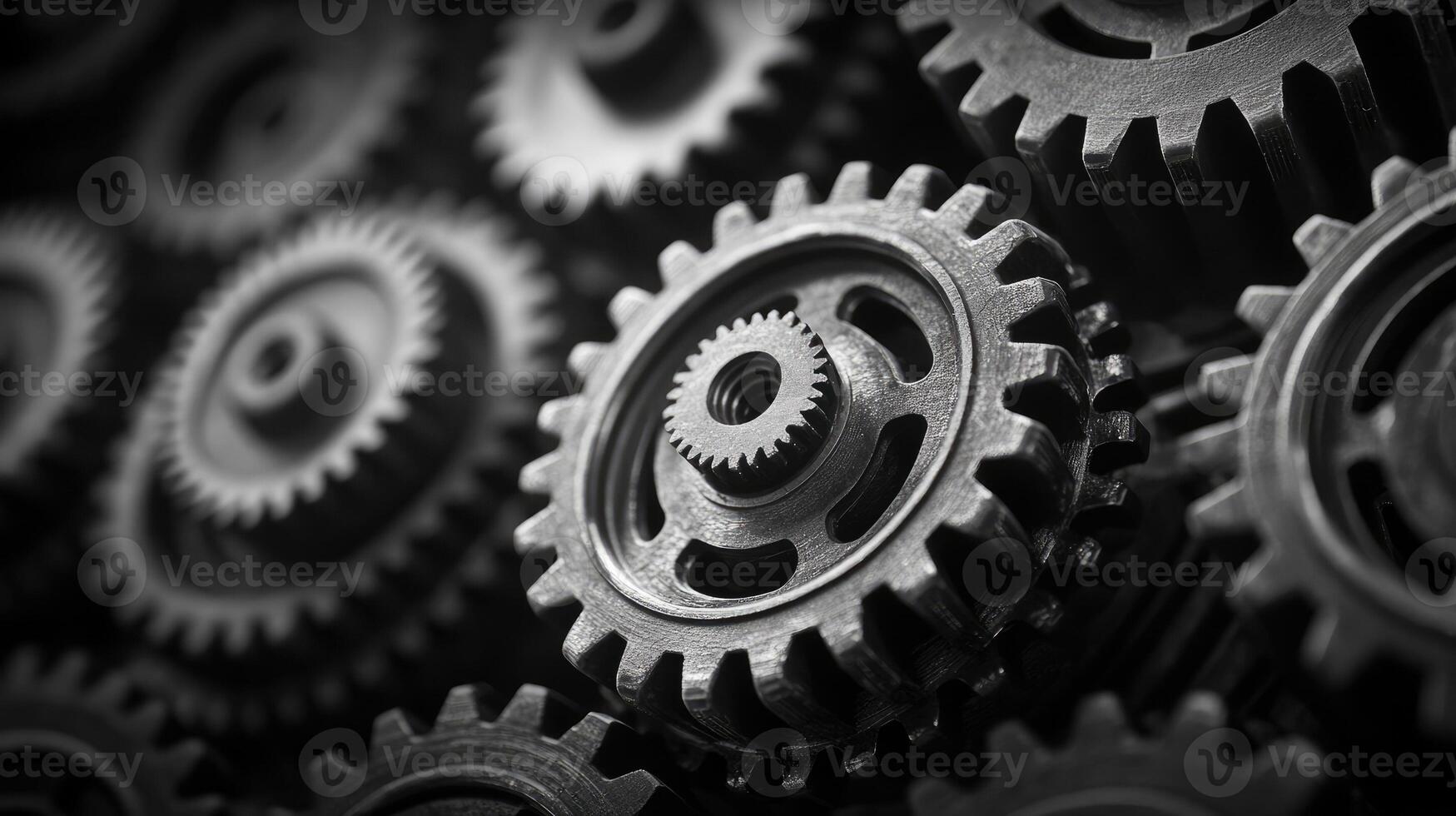 Retro black and white background of industrial cogs or gears with movement photo