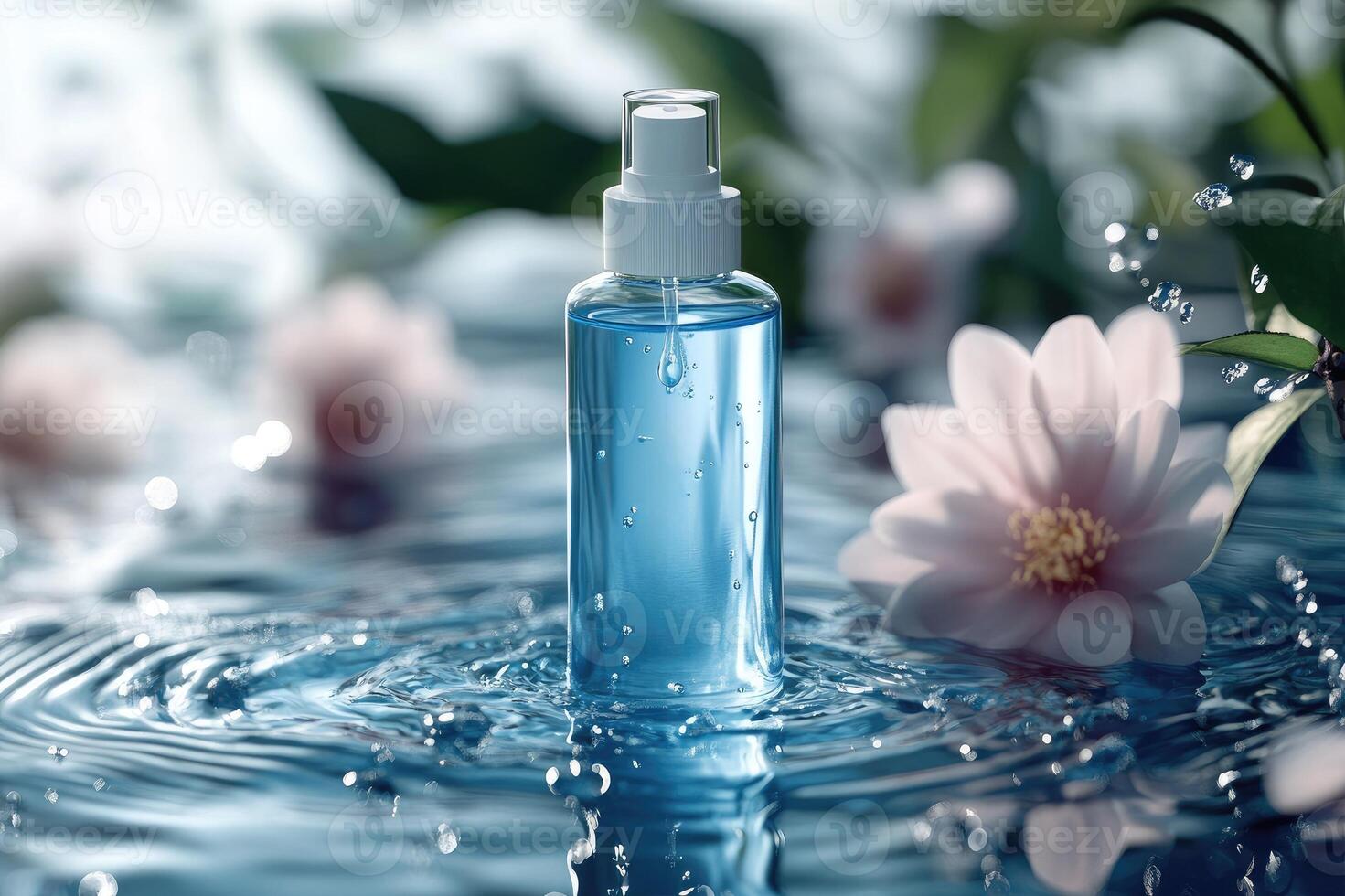 Blue cosmetic bottle standing in water with flower and splashing drops photo